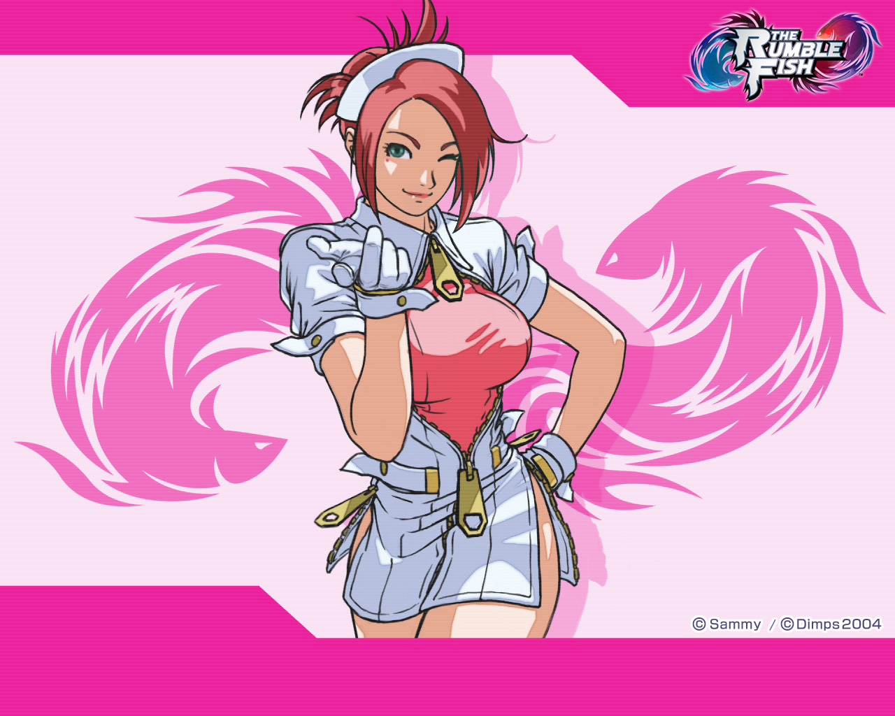 garnet (the rumble fish), the rumble fish, official art, official wallpaper, 1girl, ;), aqua eyes, beckoning, border, breasts, buttons, closed mouth, come hither, company name, copyright name, cowboy shot, dated, dress, female focus, folded ponytail, gloves, hand on own hip, hat, large breasts, legs, leotard, leotard under clothes, letterboxed, light smile, lipstick, logo, looking at viewer, makeup, messy hair, mole, mole under eye, nurse, nurse cap, one eye closed, open clothes, open dress, oversized zipper, pink background, pink border, pink hair, pink lips, scanlines, shadow, short dress, short hair, short sleeves, side slit, sidelocks, smile, solo, standing, unzipped, white dress, white gloves, white hat, zipper, zipper pull tab