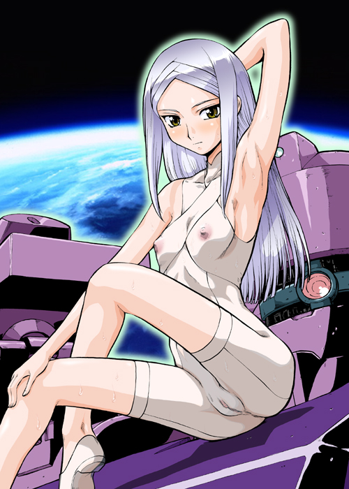 umedama nabu, soma peries, gundam, gundam 00, silver hair, 00s, 1girl, arm behind head, arm up, armpits, breasts, female focus, long hair, long legs, nipples, pussy, see-through clothes, skinny, small breasts, solo, uncensored, yellow eyes