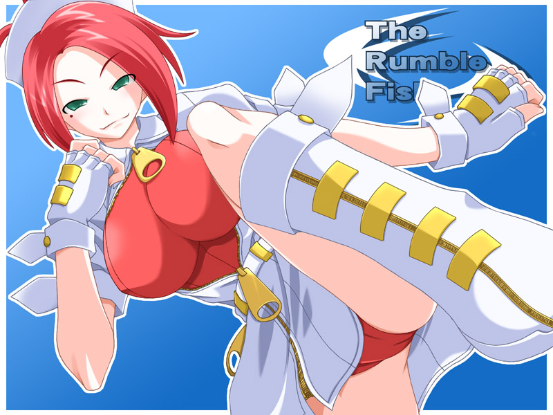 garnet (the rumble fish), the rumble fish, artist request, 1girl, arm at side, blue background, boots, breasts, buttons, cameltoe, clenched hands, closed mouth, copyright name, crotch, dress, dutch angle, english text, female focus, fingerless gloves, foreshortening, full-length zipper, gloves, gradient background, green eyes, half-closed eyes, hand up, hat, high kick, impossible clothes, impossible leotard, kicking, large breasts, leg lift, legs, legs apart, leotard, leotard under clothes, light smile, logo, looking at viewer, mole, mole under eye, naughty face, nurse, nurse cap, open clothes, open dress, outline, oversized zipper, pink hair, red leotard, short dress, short hair, short sleeves, side slit, skin tight, smile, solo, white boots, white dress, white gloves, white hat, zipper, zipper pull tab