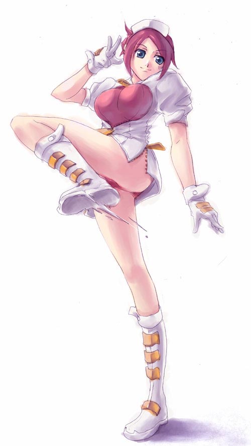 garnet (the rumble fish), the rumble fish, 1girl, breasts, female focus, full body, large breasts, leg lift, legs, nurse, pink hair, short hair, solo, standing, standing on one leg, zipper