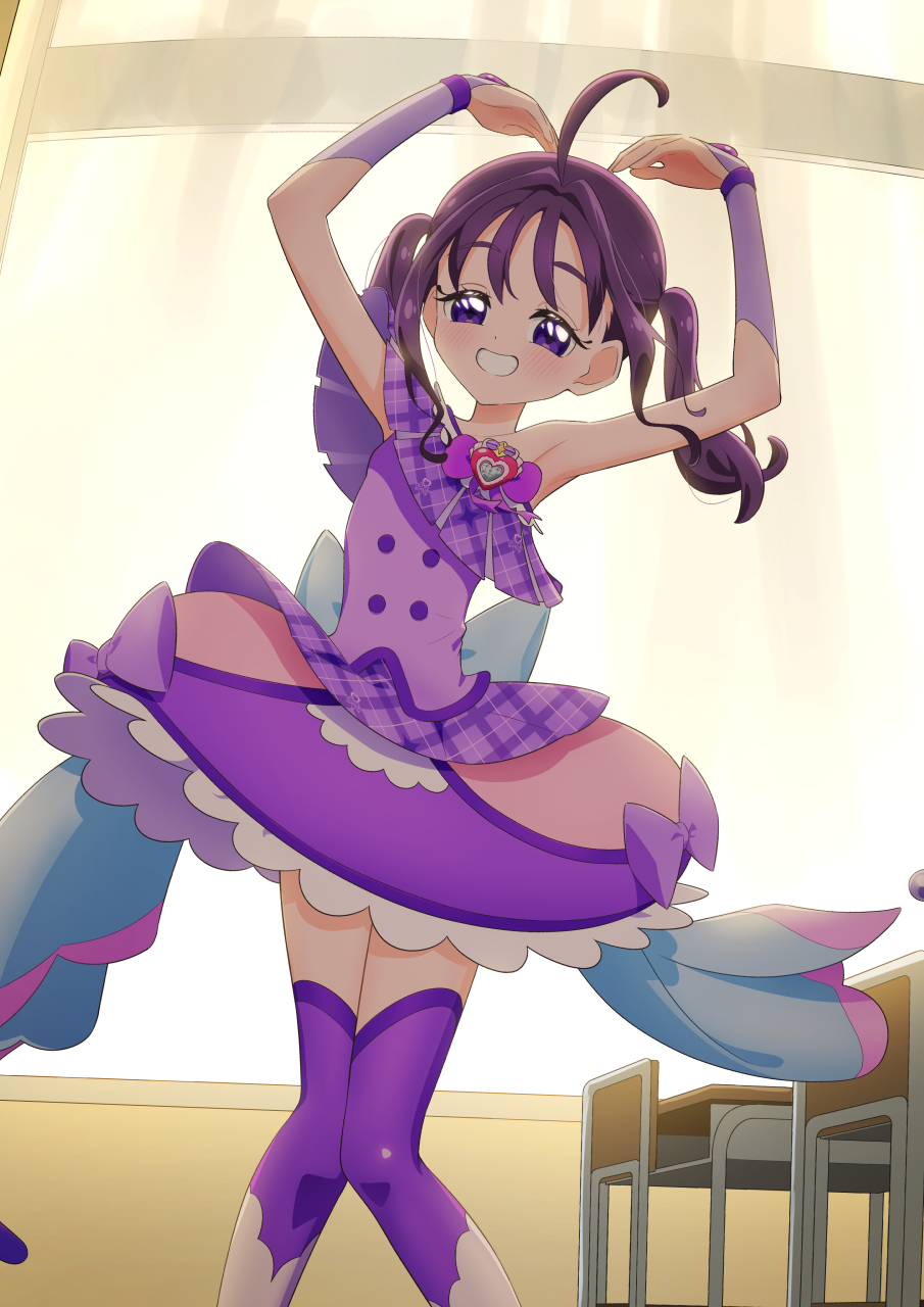 tiler (tiler00), cure kyunkyun, shigure kokoro, kimi to idol precure, precure, commentary, highres, 1girl, :d, ahoge, armpits, arms up, back bow, bare shoulders, blue bow, bow, bow choker, bow skirt, brooch, bubble skirt, buttons, chair, choker, classroom, collarbone, cosplay, cure kyunkyun (cosplay), curtains, desk, diamond-shaped pupils, diamond (shape), dot nose, double-breasted, dress, dress bow, feet out of frame, grin, hair intakes, heart, heart arms, heart brooch, idol heart brooch, indoors, jewelry, knees together feet apart, looking at viewer, magical girl, medium hair, miniskirt, off-shoulder dress, off shoulder, open mouth, plaid clothes, plaid dress, purple bow, purple dress, purple eyes, purple hair, purple thighhighs, purple wrist cuffs, school chair, school desk, self cosplay, single bare shoulder, skirt, sleeveless, sleeveless dress, smile, solo, standing, symbol-shaped pupils, thighhighs, twintails, window, window shadow, wrist cuffs