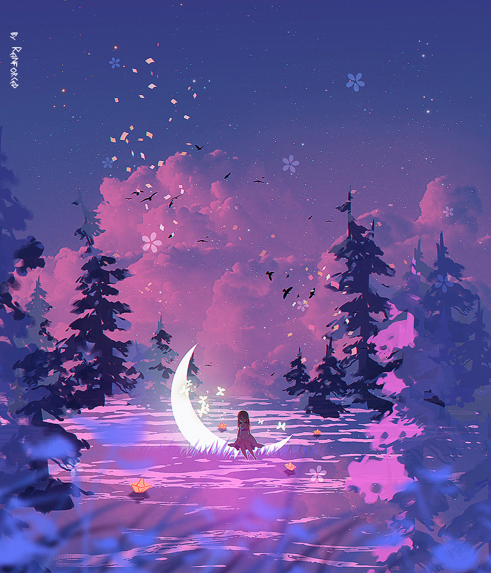reinforced, original, commentary, english commentary, 1girl, artist name, cloud, crescent, dress, dusk, on crescent, outdoors, pink clouds, scenery, simple bird, sitting, sky, sky focus, solo, tree, very wide shot