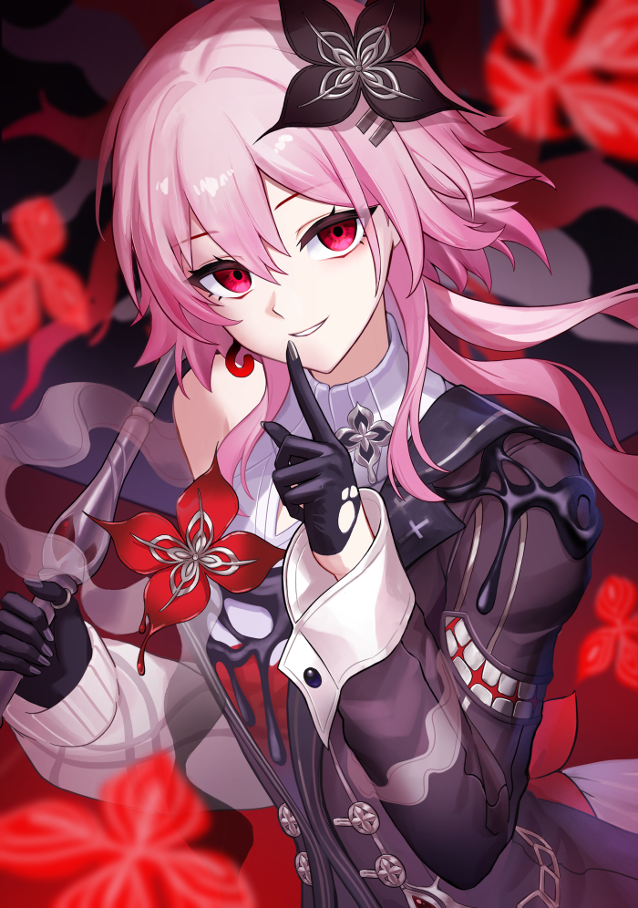 kiki-yu, evernight (honkai: star rail), march 7th (honkai: star rail), honkai: star rail, honkai (series), 1girl, black dress, black flower, black gloves, breasts, dress, flower, gloves, hair between eyes, hair flower, hair ornament, holding, holding umbrella, long hair, long sleeves, looking at viewer, pink hair, red eyes, smile, solo, umbrella