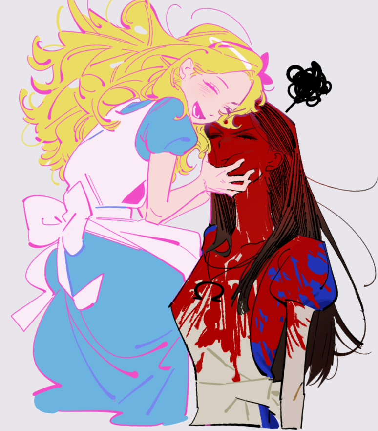 pankepen, alice (alice in wonderland), alice liddell (american mcgee's alice), alice's adventures in wonderland, american mcgee's alice, 2girls, :t, apron, back bow, blonde hair, blood, blood in hair, blood on face, blood splatter, blue dress, bow, brown hair, closed eyes, cropped legs, cropped torso, crossover, dress, eyelashes, grey background, hair behind ear, hairband, hand on another's face, long hair, lower teeth only, multiple girls, smile, squiggle, teeth, white apron