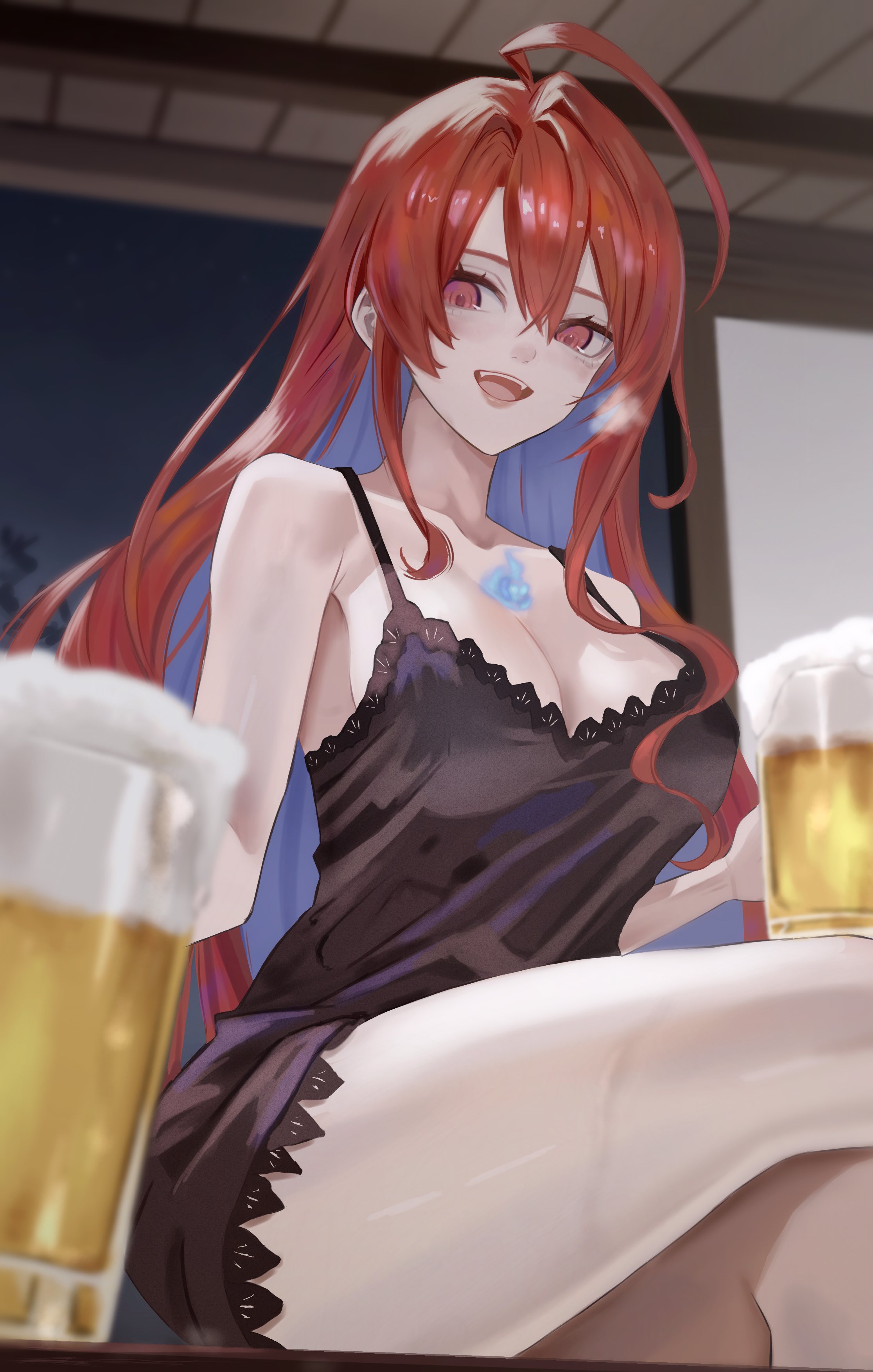 dhbwinner, elizabeth rose bloodflame, hololive, hololive english, absurdres, commentary, english commentary, highres, 1girl, :d, ahoge, alcohol, asymmetrical sidelocks, bare arms, beer, beer mug, black nightgown, blue fire, blue hair, blurry, blurry background, breasts, cleavage, colored inner hair, crossed bangs, cup, fire, fire on chest, holding, holding cup, huge ahoge, indoors, large breasts, long hair, mug, multicolored hair, night, nightgown, open mouth, red eyes, red hair, sidelocks, single hair intake, sitting, smile, solo, teeth, upper teeth only, very long hair, virtual youtuber