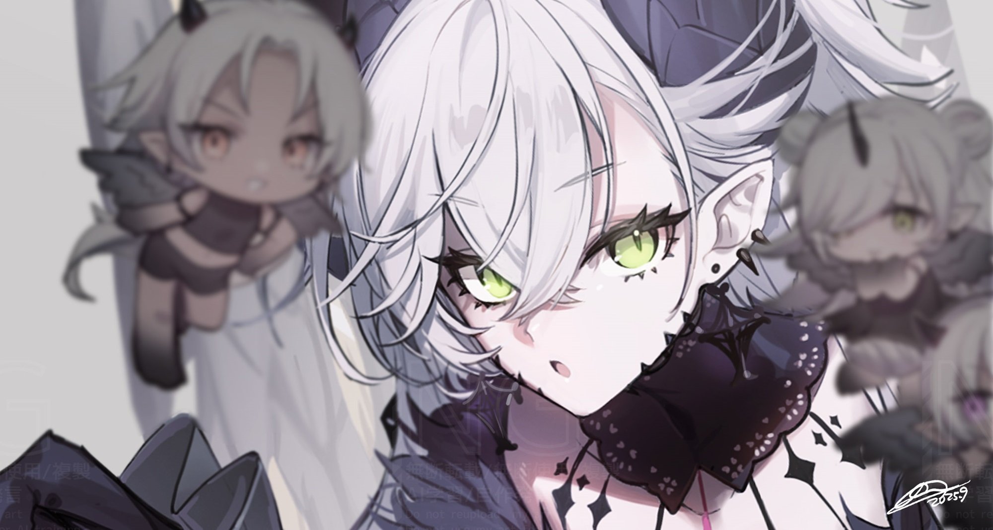 no-kan, lilith (fate), lilith (third ascension) (fate), fate/grand order, fate (series), highres, 4girls, collarbone, demon horns, green eyes, horns, looking at viewer, multiple girls, neck tattoo, open mouth, tattoo, twintails, upper body, white hair