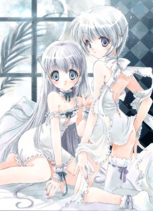 hato rami, frilled legwear, lowres, 2girls, dress, lingerie, long hair, multiple girls, ribbon, short hair, thighhighs, underwear, white hair