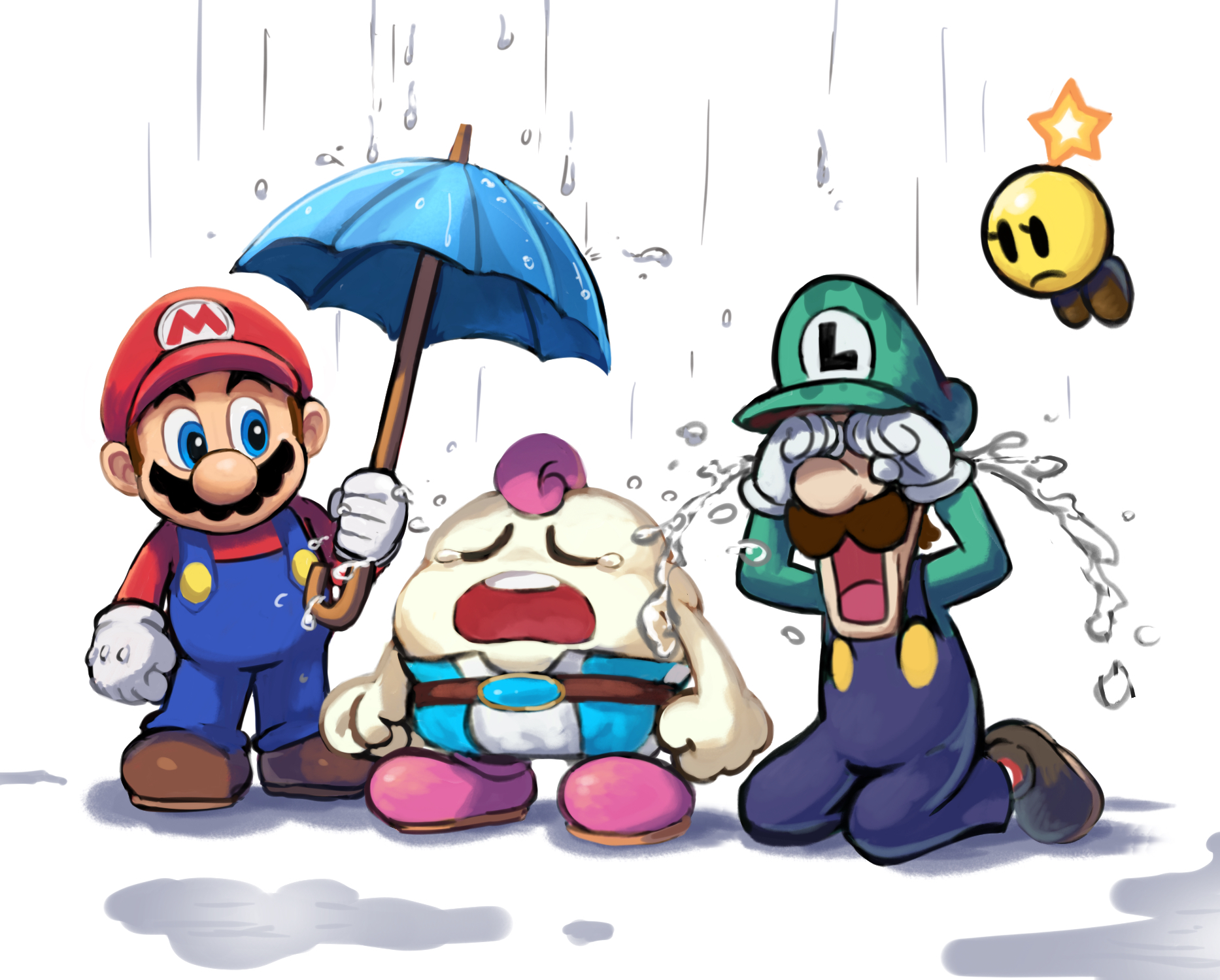yamari (ya mari 6363), luigi, mallow (mario), mario, starlow, mario & luigi rpg, mario (series), nintendo, super mario rpg, highres, 1other, 3boys, belt, blue eyes, blue overalls, blue pants, boots, brown belt, brown boots, brown hair, closed eyes, crying, facial hair, full body, gloves, green hat, green shirt, hat, holding, holding umbrella, in-franchise crossover, kneeling, long sleeves, looking at another, multiple boys, mustache, newsboy cap, open mouth, overalls, pants, pink boots, pink hair, puddle, rain, red hat, red shirt, red socks, shirt, short hair, simple background, socks, streaming tears, striped clothes, striped pants, striped socks, tears, teeth, two-tone pants, umbrella, upper teeth only, white background, white pants, white socks