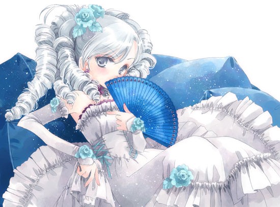 hato rami, 1girl, bare shoulders, blue flower, blue rose, blue theme, covering face, covering own mouth, covering privates, cowboy shot, detached sleeves, dress, drill hair, female focus, flower, folding fan, frilled dress, frills, grey eyes, hair flower, hair ornament, hand fan, hime lolita, lolita fashion, long hair, pillow, reclining, rose, sitting, solo, white dress, white hair