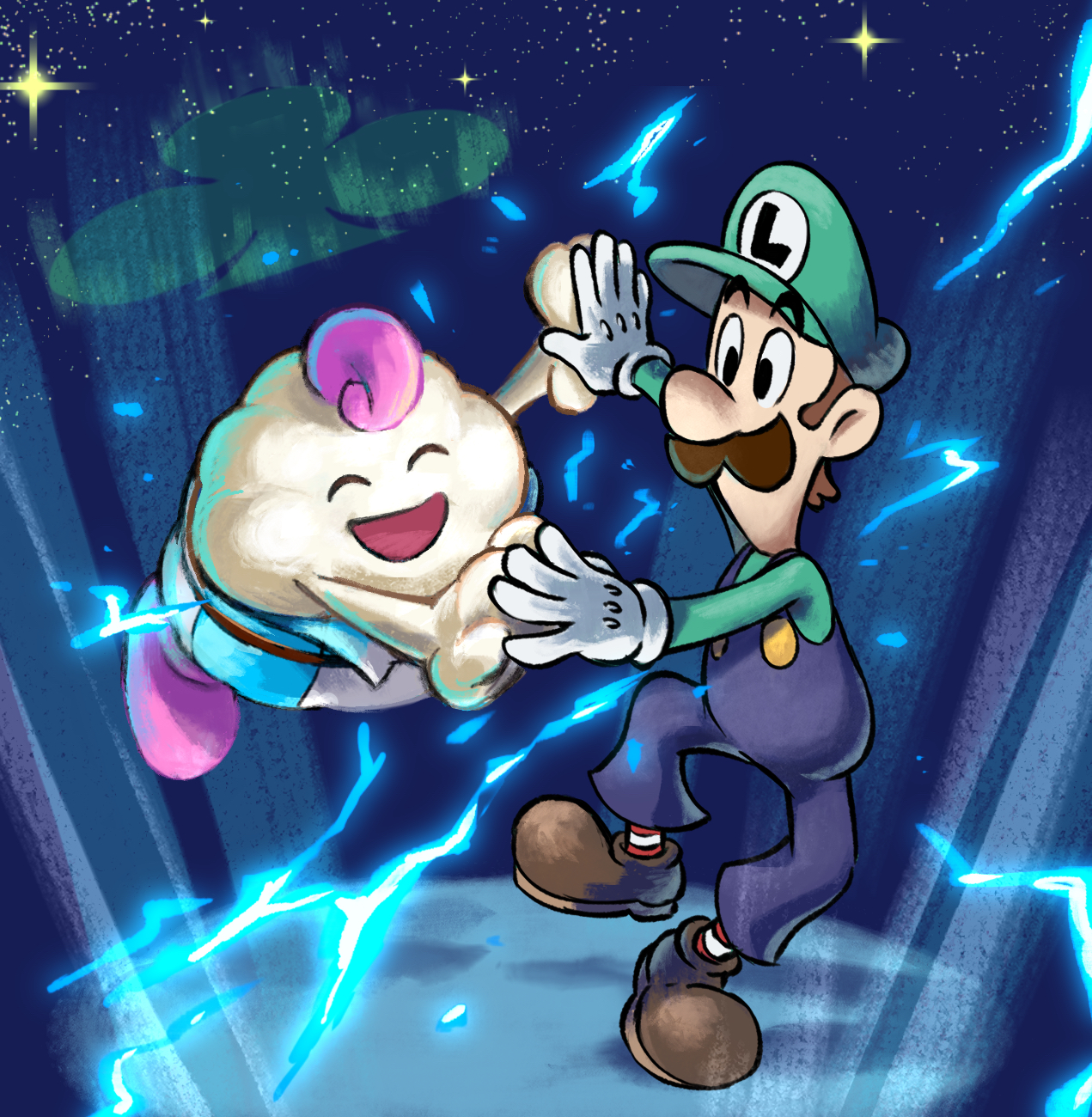 yamari (ya mari 6363), luigi, mallow (mario), mario & luigi rpg, mario (series), nintendo, super mario rpg, highres, 2boys, blue overalls, blue pants, boots, brown boots, brown hair, closed eyes, club (shape), facial hair, full body, gloves, green hat, green shirt, hat, lightning, long sleeves, male focus, masanori sato (style), multiple boys, mustache, newsboy cap, open mouth, outdoors, overalls, pants, pink boots, pink hair, power connection, red socks, shirt, short hair, socks, star (sky), striped clothes, striped pants, striped socks, two-tone pants, two-tone socks, white pants, white socks