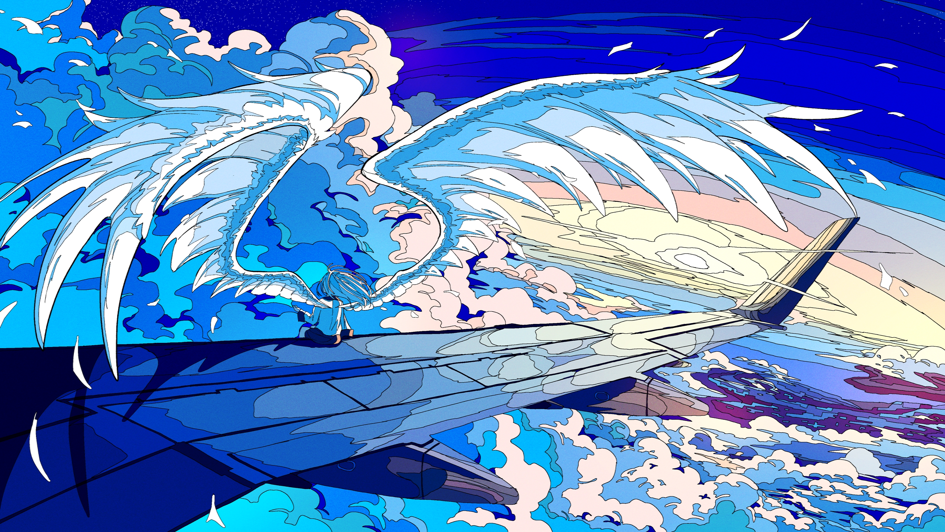 artdroiiid ii, tachibana kanade, angel beats!, absurdres, commentary, english commentary, highres, 1girl, above clouds, airplane wing, angel wings, cloud, day, floating hair, from behind, ligne claire, long sleeves, outdoors, oversized wings, scenery, shirt, sitting, sky, solo, white wings, wide shot, wings