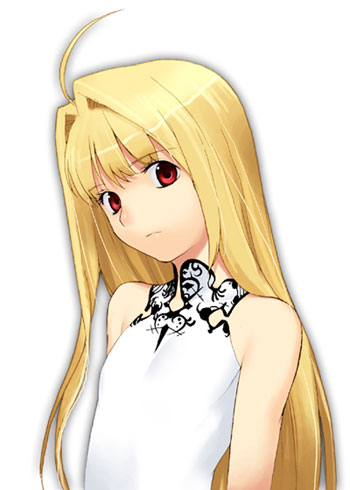 takenashi eri, arcueid brunestud, eco-arc, tsukihime, lowres, 00s, 1girl, aged down, ahoge, alternate breast size (smaller), alternate hair length, alternate hairstyle, bare shoulders, blonde hair, child, female focus, flat chest, hair intakes, long hair, red eyes, solo, white background