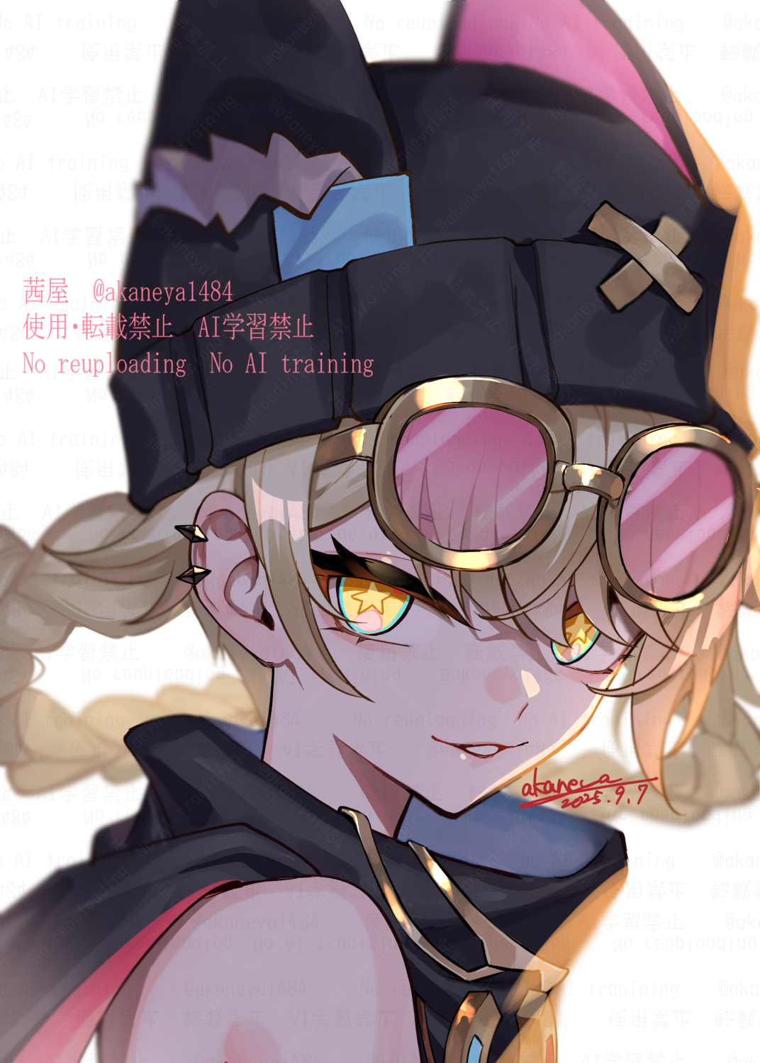ojo aa, jahoda (genshin impact), genshin impact, commentary, highres, 1girl, bare shoulders, black hat, blonde hair, braid, eyewear on head, grin, hat, looking at viewer, parted lips, portrait, short hair, smile, solo, star-shaped pupils, star (symbol), sunglasses, symbol-shaped pupils, white background, yellow eyes