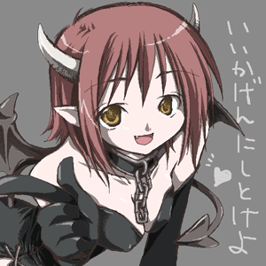 hana hotaru, lowres, bat wings, chain, collar, demon girl, elbow gloves, fang, gloves, horns, oekaki, pointy ears, red hair, solo, tail, wings, yellow eyes
