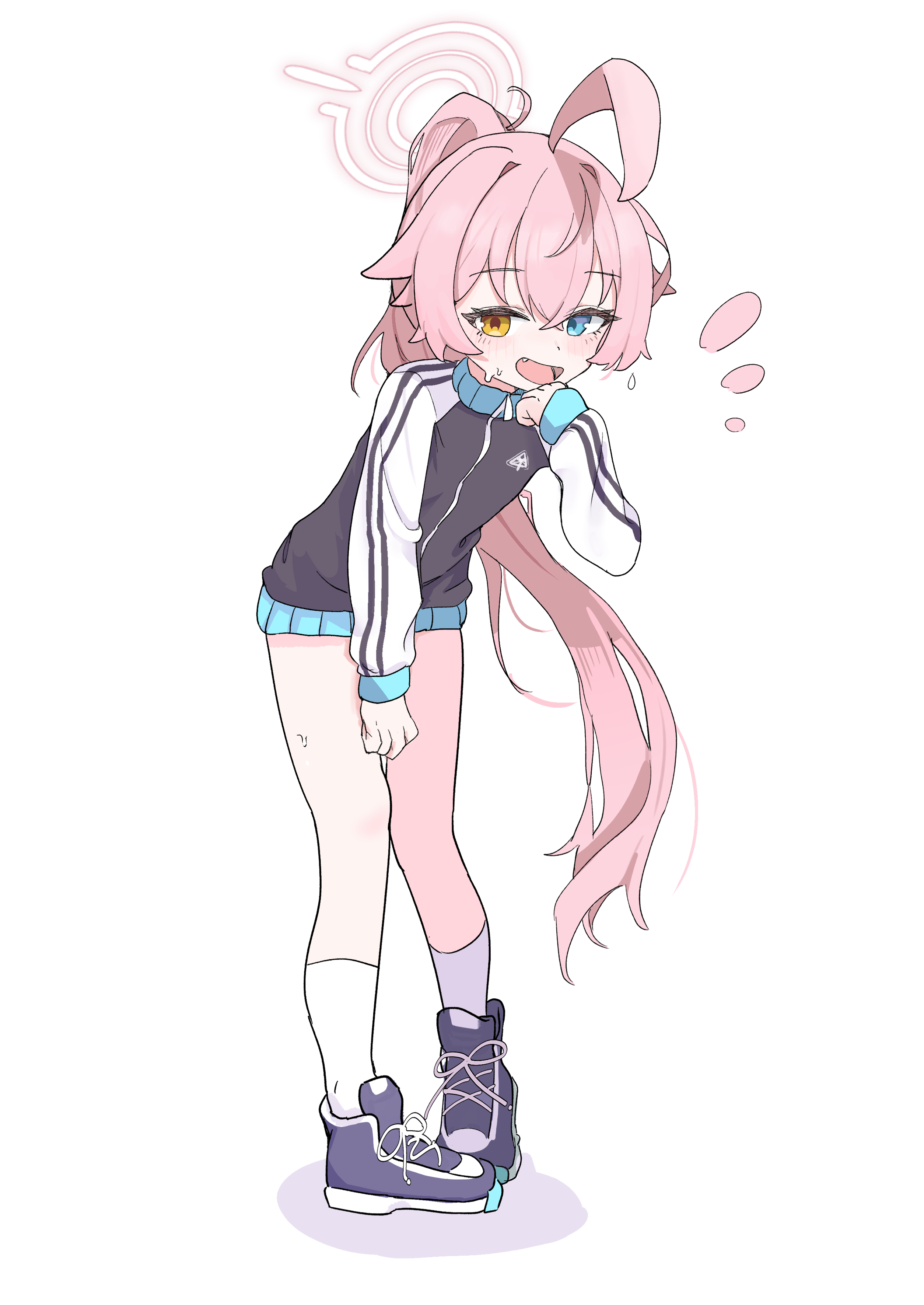 high (hgih), hoshino (blue archive), blue archive, absurdres, commentary, highres, 1girl, abydos high school logo, ahoge, black shoes, blue eyes, blush, crossed bangs, fang, full body, hair between eyes, hair flaps, halo, heterochromia, huge ahoge, jacket, kneehighs, leaning forward, long hair, looking at viewer, open mouth, orange eyes, pink hair, pink halo, ponytail, shadow, shoes, sidelocks, simple background, socks, solo, sweat, track jacket, very long hair, white background, white socks