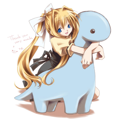 hana hotaru, hotaru takana, kamio misuzu, air (visual novel), 00s, blonde hair, blue eyes, dinosaur, hug, long hair, ribbon, solo, very long hair