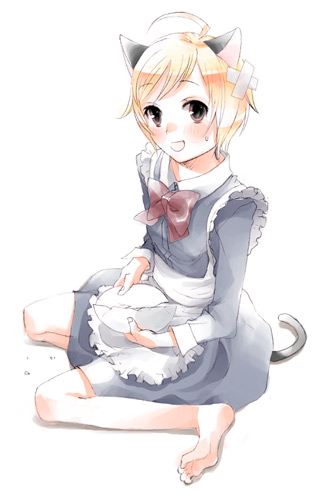 mignon, schmooze, lowres, 1girl, ahoge, animal ears, barefoot, blonde hair, cat ears, cat tail, female focus, maid, ribbon, solo, tail