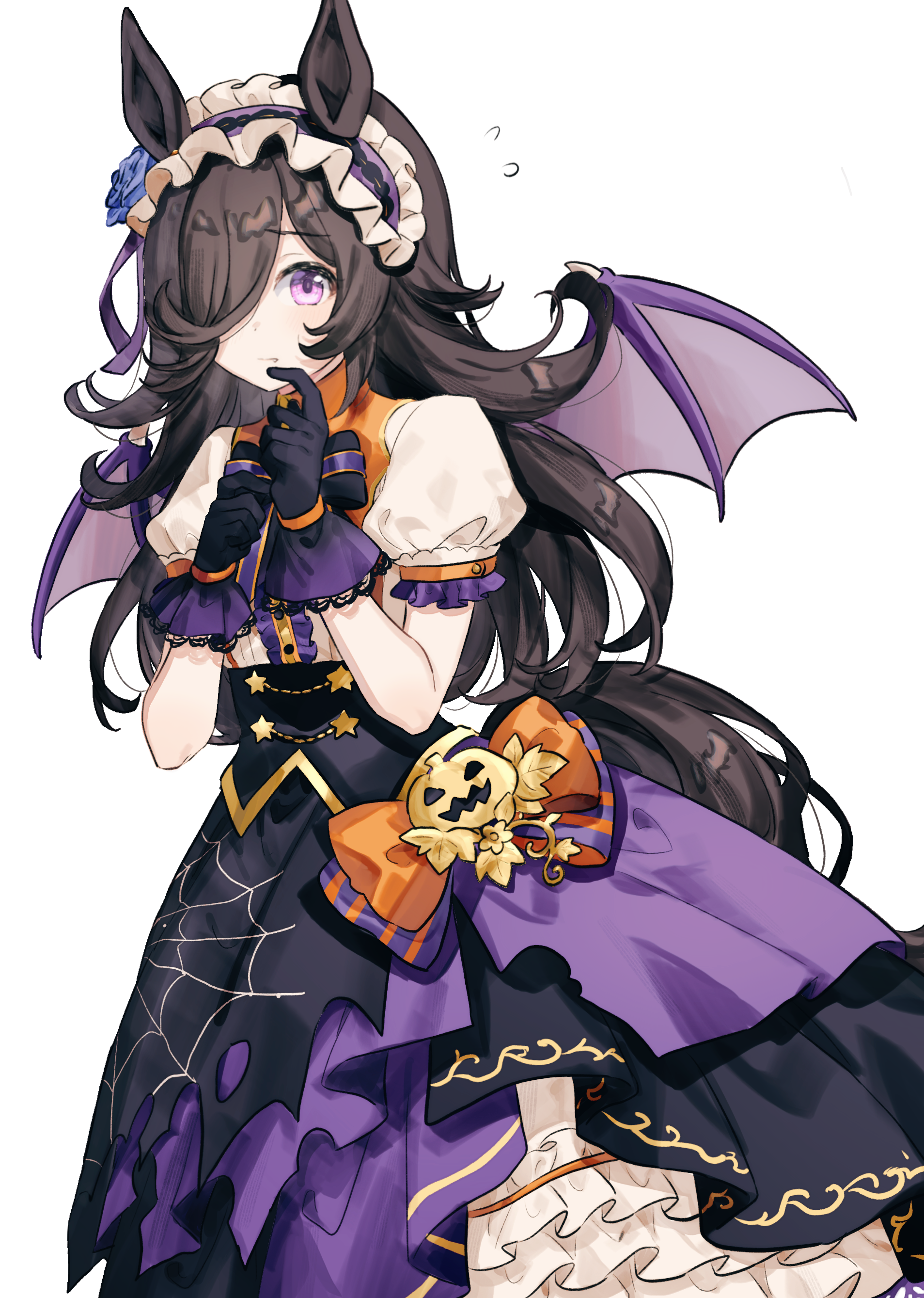 migolu, rice shower (make up vampire!) (umamusume), rice shower (umamusume), umamusume, absurdres, highres, 1girl, animal ears, bat wings, black gloves, black hair, blue flower, blue rose, blush, bow, brown hair, cowboy shot, dress, flipped hair, flower, frilled hairband, frills, gloves, gradient gloves, hair over one eye, hairband, halloween, halloween costume, hat over hood, headband, horse ears, horse girl, horse tail, jack-o'-lantern, jack-o'-lantern ornament, lace, lace-trimmed gloves, lace trim, long hair, looking at viewer, official alternate costume, puffy short sleeves, puffy sleeves, purple bow, purple eyes, purple gloves, purple wings, ribbon, rose, shirt, short sleeves, simple background, solo, spider web print, standing, tail, white background, white shirt, wings