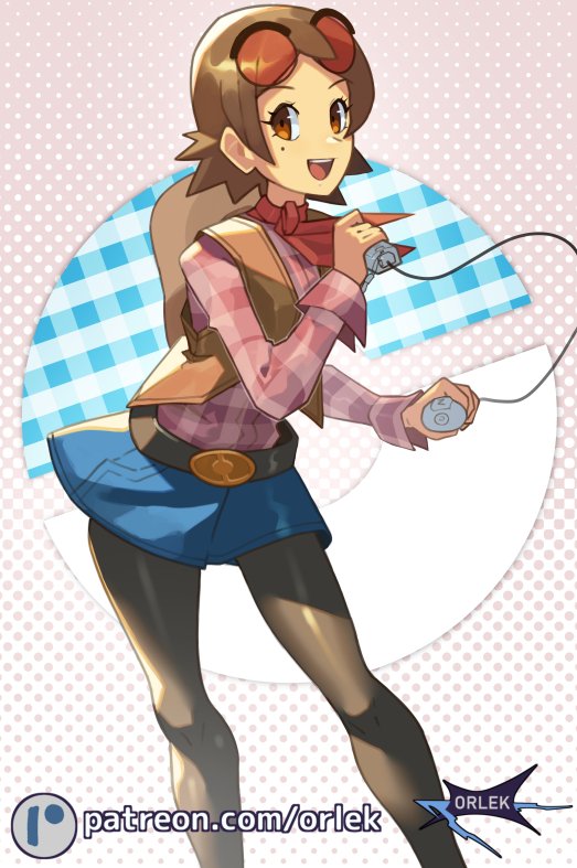 orlek, hayley (pokemon), my pokemon ranch, nintendo, pokemon, commentary, 1girl, :d, artist name, belt, belt buckle, blue skirt, brown eyes, brown hair, buckle, controller, eyelashes, eyewear on head, game controller, holding, long sleeves, mole, mole under eye, open mouth, pantyhose, patreon logo, shirt, short hair, skirt, smile, solo, sunglasses, teeth, tongue, upper teeth only, watermark, web address, wii remote