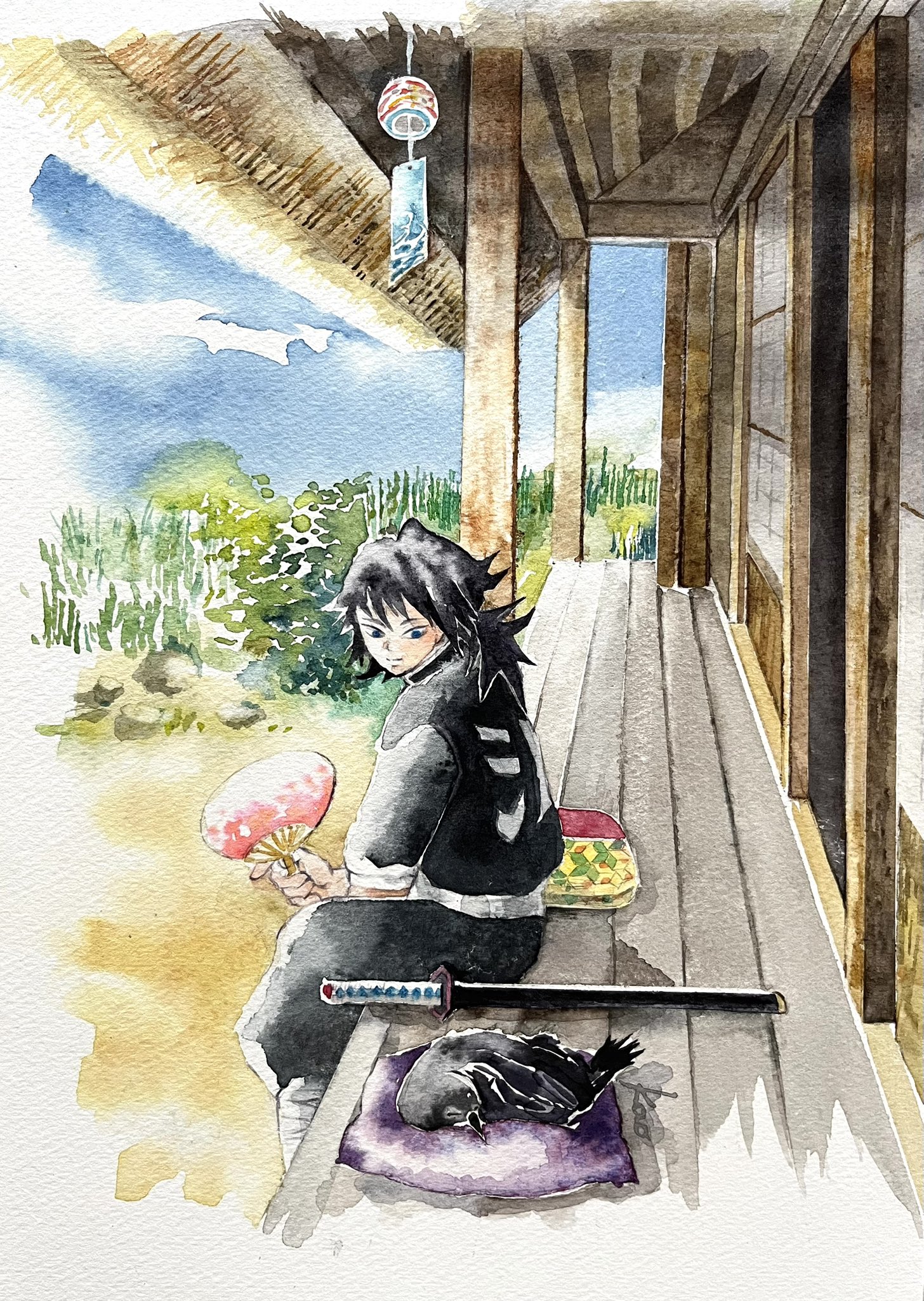 kanzaburou (kimetsu no yaiba), tomioka giyuu, kimetsu no yaiba, highres, bird, black hair, black jacket, black pants, buttons, closed mouth, clothes writing, crow, demon slayer uniform, folded clothes, hair between eyes, hand fan, haori, holding, holding fan, jacket, japanese clothes, kao07642656, katana, kikkoumon, light smile, looking at animal, low ponytail, male focus, outdoors, pants, ponytail, print haori, red haori, sitting, sleeping, spiked hair, sword, weapon
