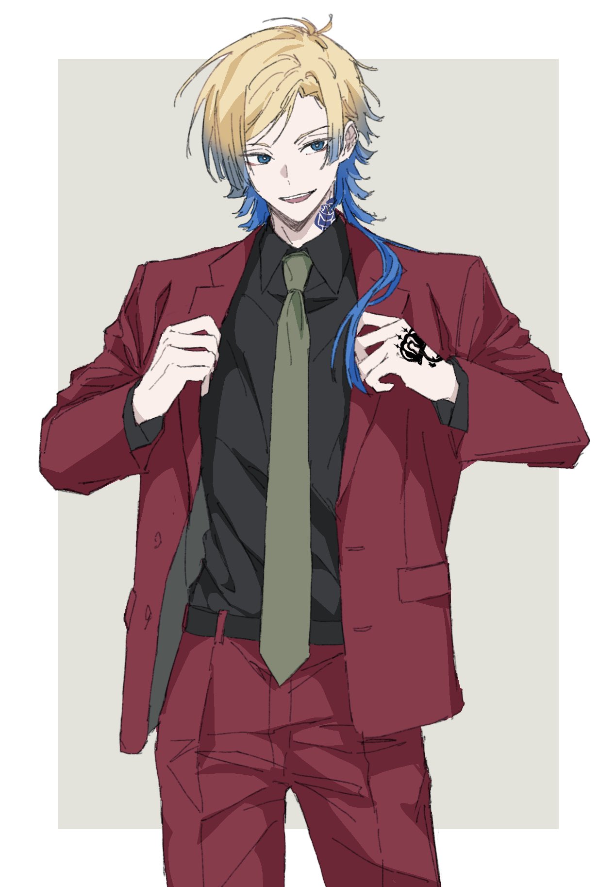 mmuurrii1010, michael kaiser, blue lock, commentary, highres, 1boy, arms up, belt, black belt, black shirt, blonde hair, blue eyes, blue hair, collared shirt, flower tattoo, formal clothes, green necktie, hand tattoo, jacket, layered sleeves, long sleeves, looking to the side, male focus, multicolored hair, neck tattoo, necktie, pants, red jacket, red pants, red suit, shirt, shirt tucked in, sideways glance, smile, solo, standing, suit, suit jacket, tattoo, teeth, wing collar