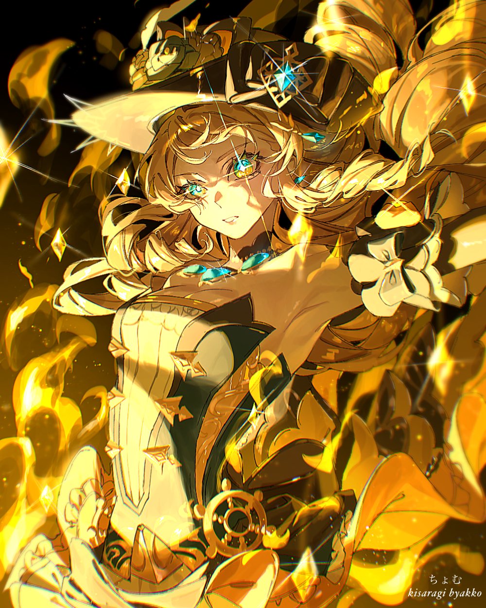 kisaragi byakko, navia (genshin impact), genshin impact, highres, 1girl, artist name, black flower, black hat, black rose, blonde hair, blue gemstone, drill hair, drill sidelocks, flower, gem, hat, hat flower, lace-trimmed collar, lace trim, multicolored eyes, rose, ship's wheel ornament, sidelocks, signature, tricorne, two-tone eyes, yellow flower, yellow rose