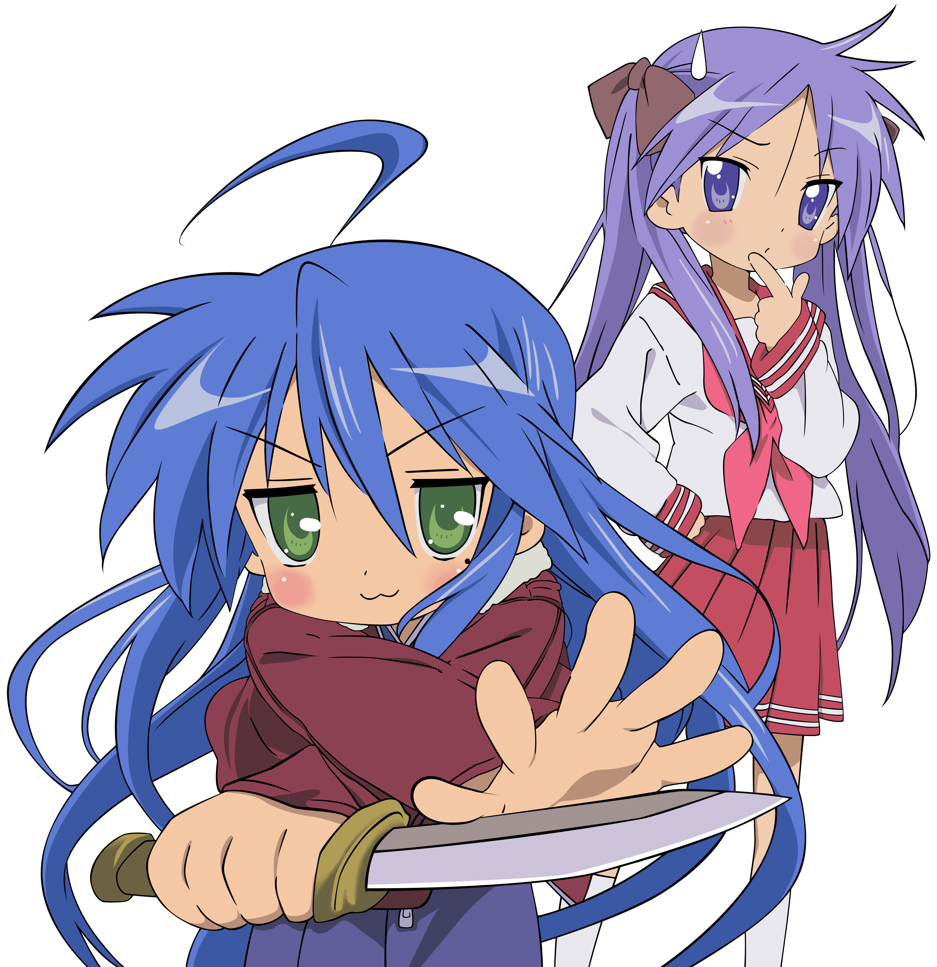 hiiragi kagami, izumi konata, ryougi shiki, kara no kyoukai, lucky star, absurdres, derivative work, highres, vector trace, 2girls, cosplay, jacket, japanese clothes, kimono, knife, mole, mole under eye, multiple girls, obi, red jacket, reverse grip, ryougi shiki (cosplay), sash, short hair, transparent background