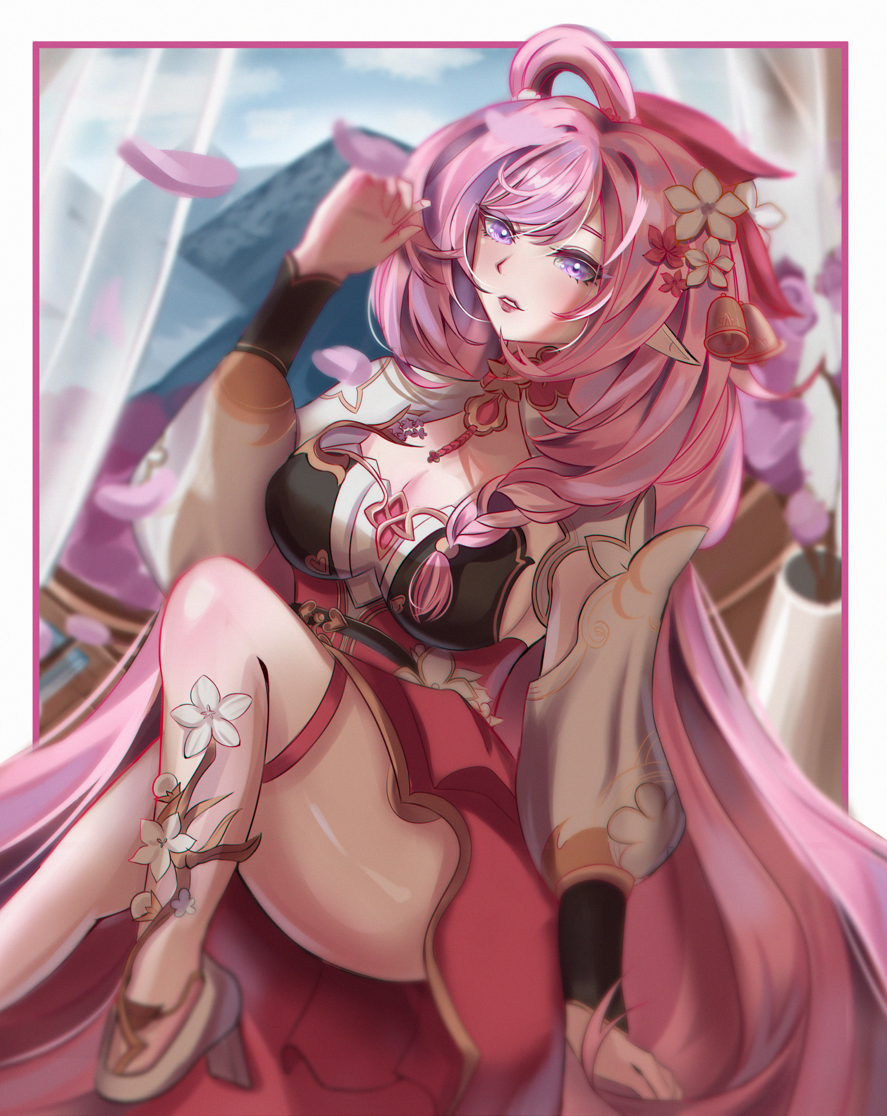jensen, elysia (herrscher of human: ego) (honkai impact), elysia (honkai impact), elysia (peachy spring) (honkai impact), honkai (series), honkai impact 3rd, absurdres, clip studio paint (medium), commentary, english commentary, highres, 1girl, bell, border, breasts, cleavage, dress, elf, flower, hair bell, hair flower, hair ornament, high heels, large breasts, long hair, official alternate costume, parted lips, pink hair, pointy ears, purple eyes, red dress, solo, thighs, very long hair, white border