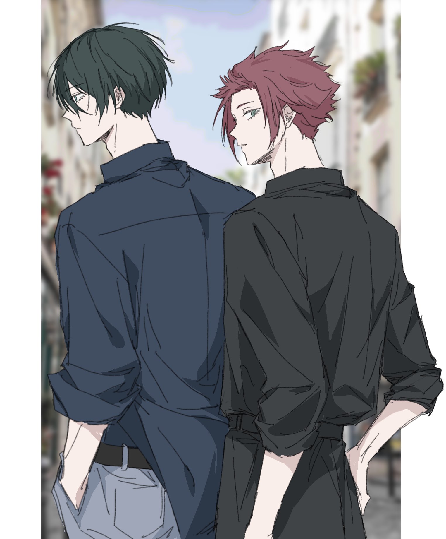 mmuurrii1010, itoshi rin, itoshi sae, blue lock, commentary, highres, 2boys, belt, black belt, black hair, black pants, black shirt, blue eyes, blue pants, blue shirt, brothers, building, closed mouth, looking back, male focus, multiple boys, pants, parted bangs, photo background, pillarboxed, red hair, shirt, shirt tucked in, short sleeves, siblings, sketch, sleeves rolled up
