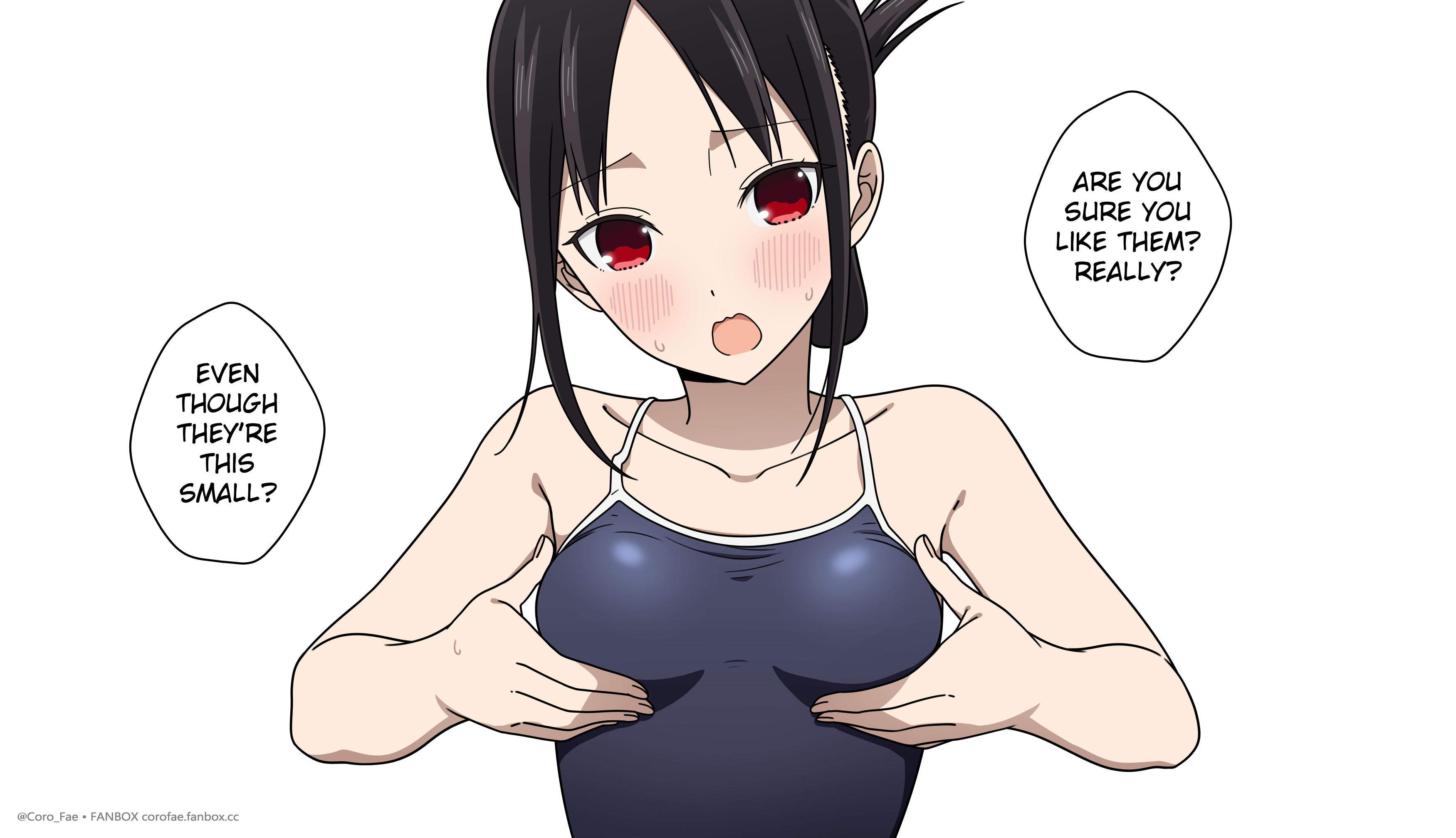 coro fae, shinomiya kaguya, kaguya-sama wa kokurasetai ~tensai-tachi no renai zunousen~, absurdres, commentary, highres, paid reward available, 1girl, :o, black hair, blush, breast conscious, breasts, collarbone, english text, folded ponytail, looking at viewer, red eyes, school swimsuit, simple background, small breasts, solo, speech bubble, swimsuit, upper body, white background