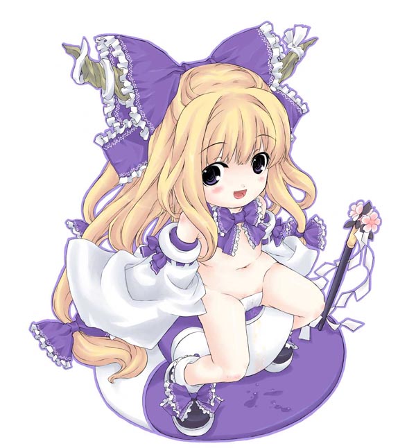ibuki suika, touhou, 1girl, alternate color, female focus, gohei, japanese clothes, maebari, miko, ofuda, ofuda on pussy, revealing clothes, solo