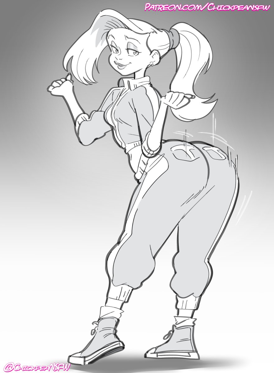 chickpea (chickpeansfw), courtney babcock, paranorman, 1girl, alvin (paranorman), ass, ass shake, breasts, bulge, clenched hands, curvy, ear piercing, earrings, full body, gym uniform, jewelry, long hair, looking back, monochrome, navel, open mouth, pants, parted lips, phone, piercing, plaid clothes, plaid shorts, ponytail, seductive gaze, shoes, shorts, small breasts, smile, sneakers, track suit, wide hips, zipper