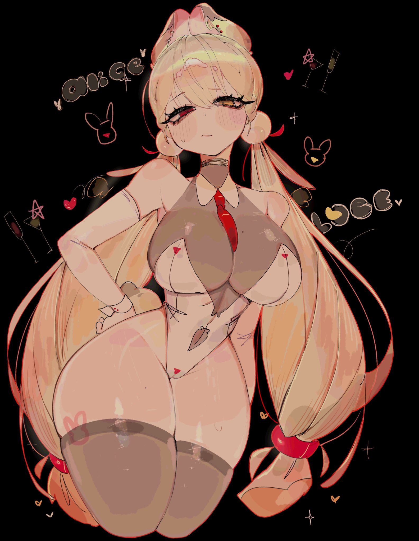 usa37107692, alice thymefield, alice thymefield (sea of thyme), zenless zone zero, highres, 1girl, adapted costume, alternate costume, animal ears, bare shoulders, black background, blonde hair, blush, braid, breasts, choker, cleavage, gloves, hair ornament, heterochromia, large breasts, leotard, long hair, looking at viewer, low twintails, navel, official alternate costume, one-piece swimsuit, rabbit ears, rabbit girl, red eyes, simple background, solo, sphere hair ornament, swimsuit, thick thighs, thigh strap, thighhighs, thighs, twintails, very long hair, white leotard, yellow eyes