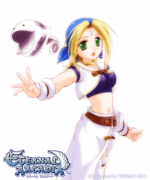 tokino, cupil, fina (eternal arcadia), eternal arcadia, sega, spoilers, 1girl, blonde hair, detached sleeves, facial mark, female focus, forehead mark, green eyes, midriff, navel, pirate, short hair, solo