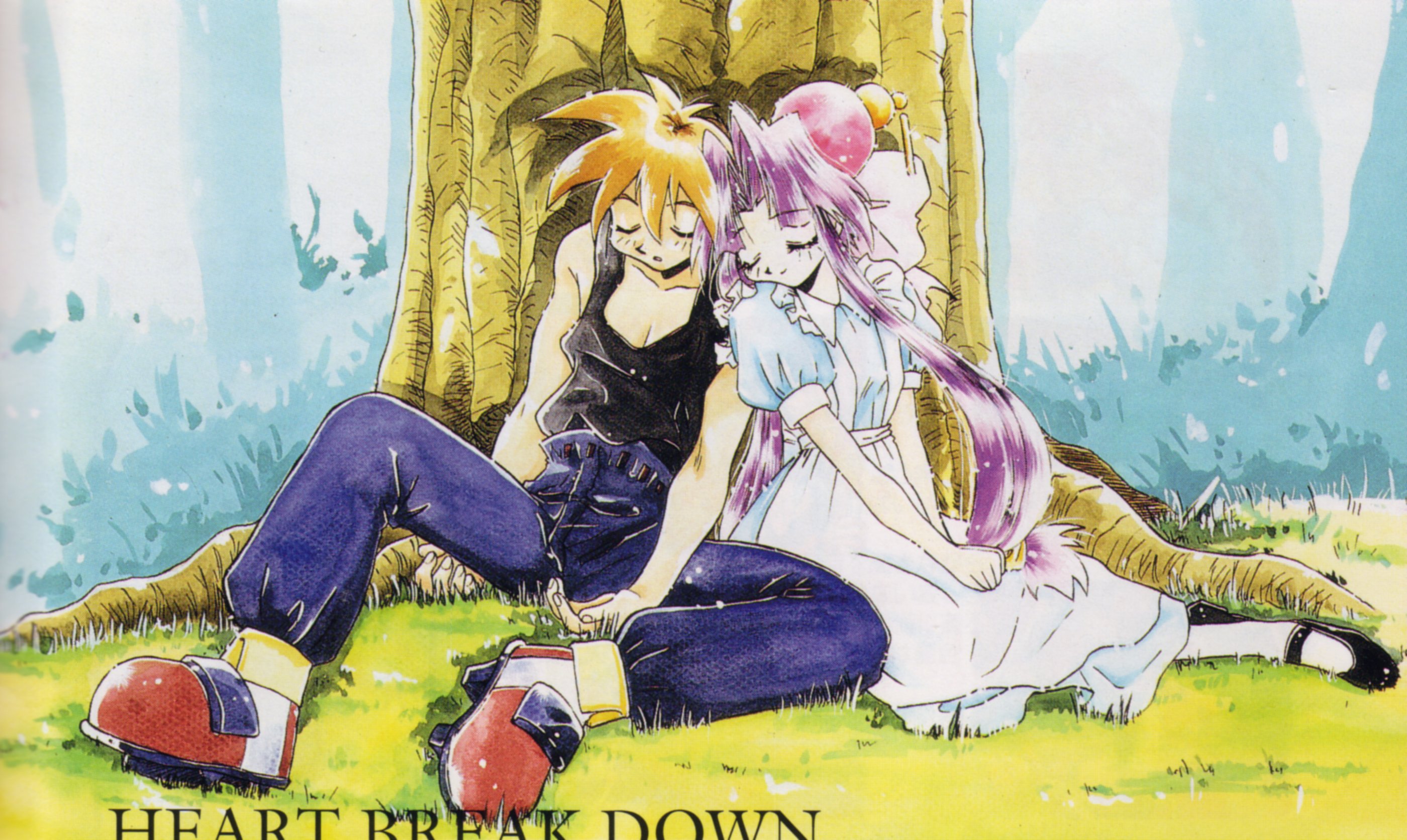 kotobuki tsukasa, cherry (saber j), mamiya otaru, alice's adventures in wonderland, saber marionette j, highres, 1990s (style), 1boy, 1girl, apron, cherry, closed eyes, couple, dress, food, fruit, hair ornament, hetero, long hair, outdoors, purple hair, sleeping, tree, twintails