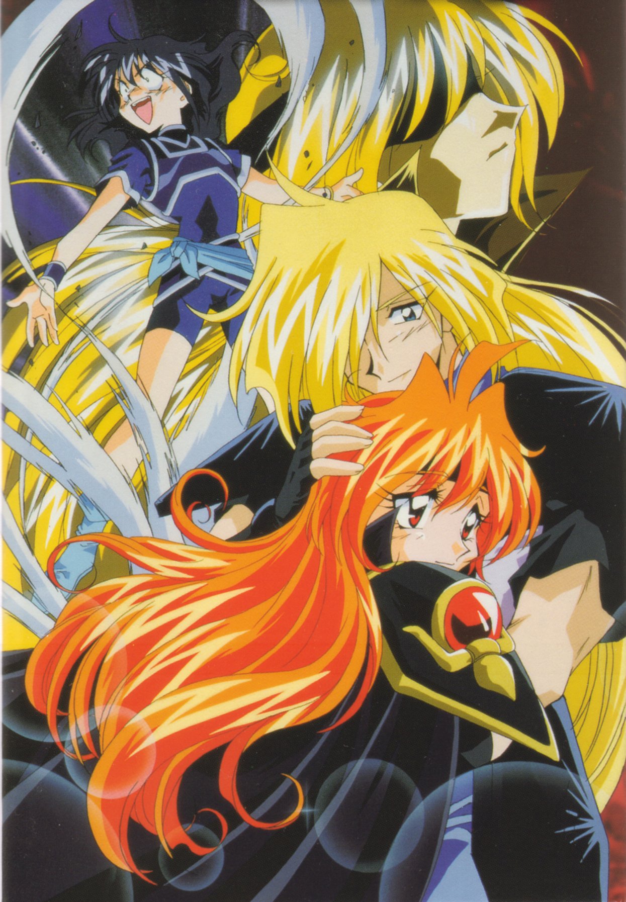 araizumi rui, gourry gabriev, hellmaster phibrizzo, lina inverse, lord of nightmares, slayers, slayers next, highres, scan, 1990s (style), 1girl, 3boys, armor, black hair, blonde hair, blue eyes, blush, cape, couple, faceless, flat chest, hair over one eye, headband, hetero, lens flare, long hair, multiple boys, orange hair, outstretched arms, red eyes, red hair, retro artstyle, sarong, smile, spandex, spread arms, surprised, very long hair, wristband