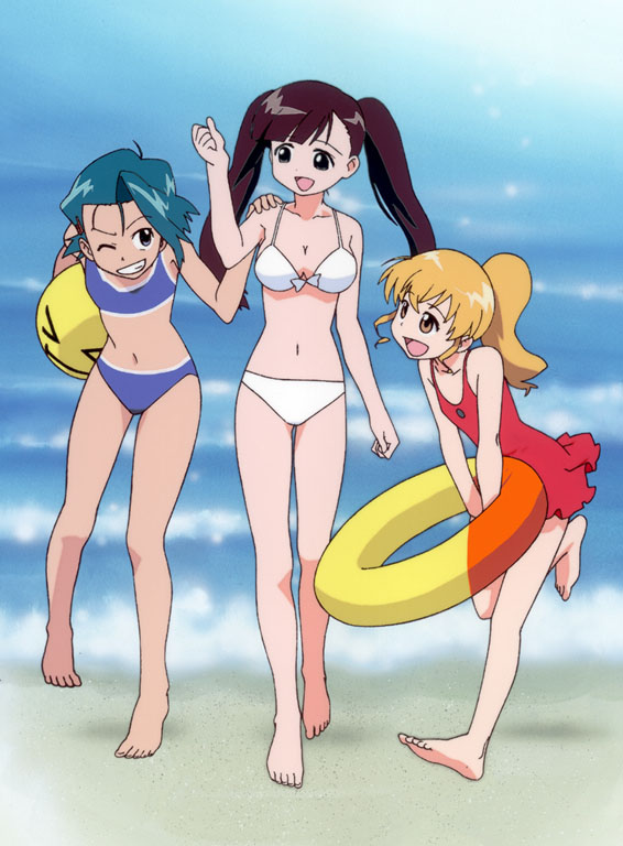 ooe chizuko, sakura miyuki, todoriki rin, mahoromatic, 3girls, bikini, blonde hair, blue bikini, blue hair, brown hair, innertube, multiple girls, open mouth, swim ring, swimsuit, twintails, white bikini