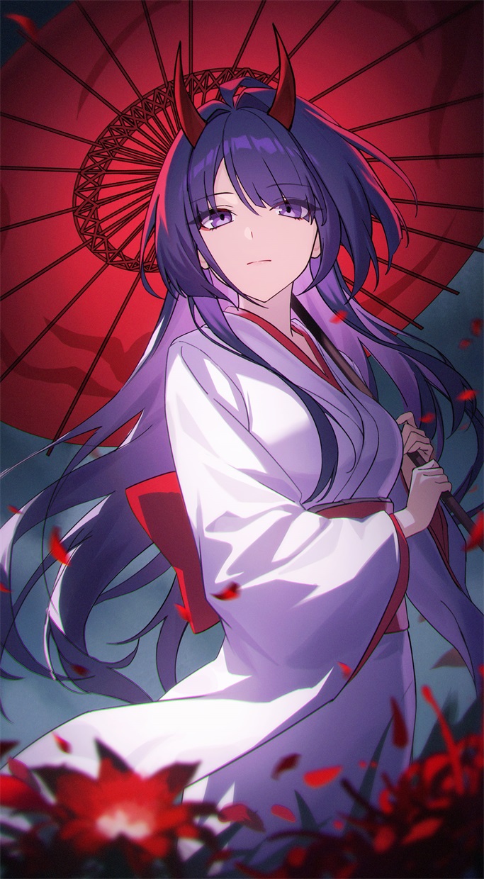 shali, acheron (honkai: star rail), acheron (izumo) (honkai: star rail), honkai: star rail, honkai (series), commentary request, highres, revision, 1girl, ahoge, breasts, closed mouth, expressionless, falling petals, floating hair, flower, grey background, hair between eyes, hair intakes, hair over eyes, holding, holding umbrella, horns, japanese clothes, kimono, long hair, long sleeves, looking at viewer, medium breasts, obi, official alternate costume, oil-paper umbrella, petals, purple eyes, purple hair, red flower, red horns, red sash, red umbrella, sash, solo, standing, umbrella, very long hair, white kimono, wide sleeves