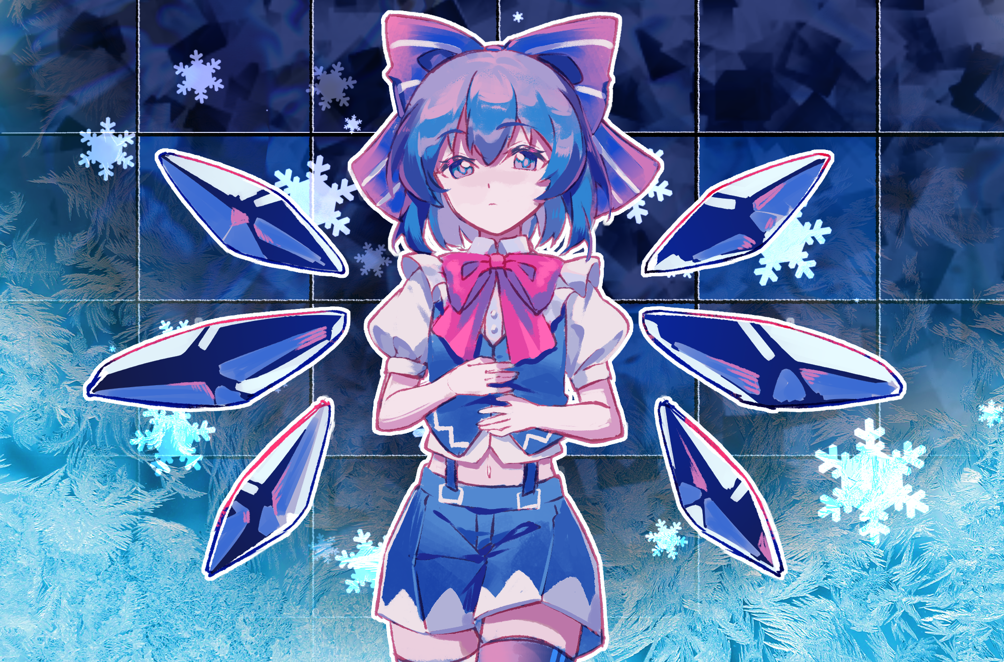 minuo, cirno, touhou, commentary request, highres, 1girl, alternate costume, black thighhighs, blue background, blue bow, blue eyes, blue hair, blue shorts, blue suspenders, blue vest, blue wings, bow, bowtie, cirno day, cowboy shot, dated commentary, detached wings, expressionless, frost, grid background, hair bow, hands on own stomach, ice, ice wings, looking at viewer, medium hair, midriff, navel, puffy short sleeves, puffy sleeves, red bow, red bowtie, shirt, short sleeves, shorts, snowflakes, solo, striped bow, thighhighs, thighs, vest, white shirt, wings