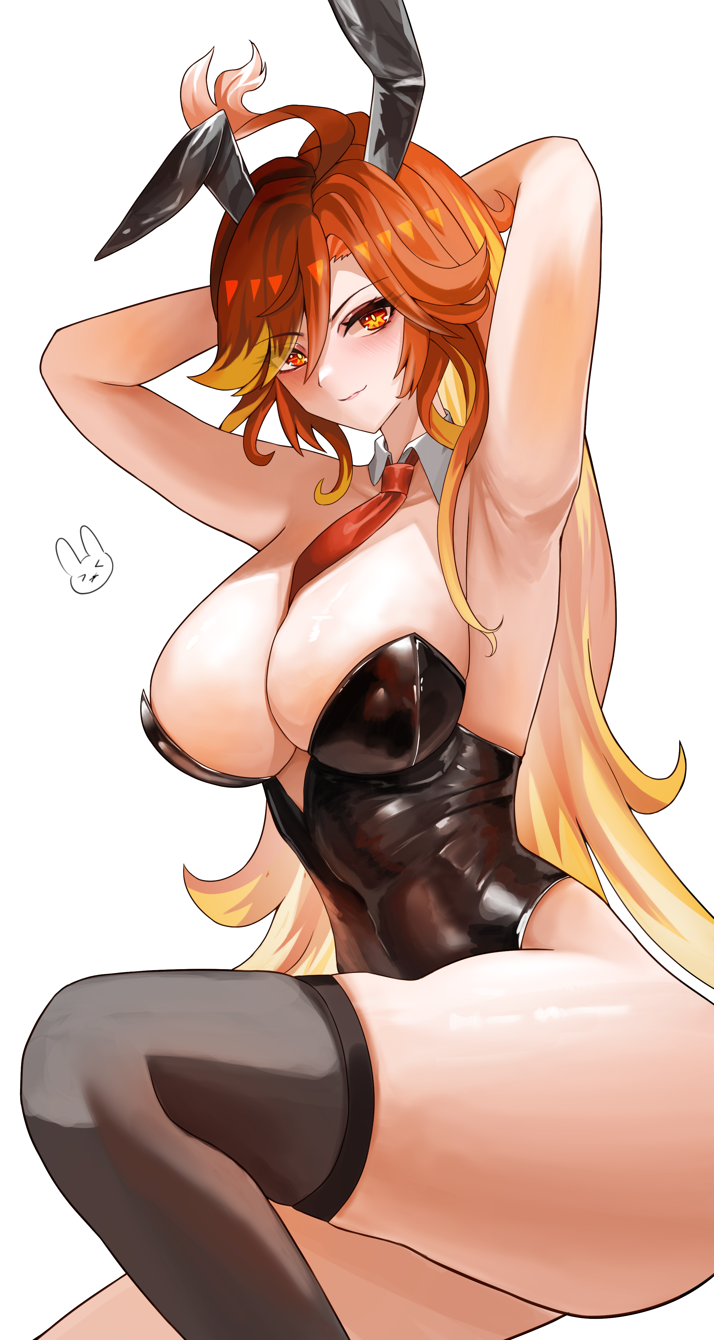 sevenninet47503, mavuika (genshin impact), genshin impact, absurdres, highres, 1girl, ahoge, animal ears, bare shoulders, black leotard, breasts, cleavage, fake animal ears, leotard, long hair, looking at viewer, multicolored hair, orange eyes, orange hair, pantyhose, playboy bunny, rabbit ears, rabbit tail, smile, solo, tail, very long hair