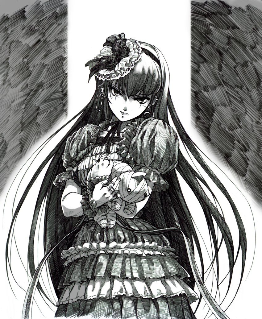 hisahiko, ouka nagisa, banpresto, super robot wars, super robot wars original generation, 1girl, bandages, cat, dress, earrings, female focus, frills, gothic lolita, jewelry, lolita fashion, long hair, monochrome, solo, very long hair