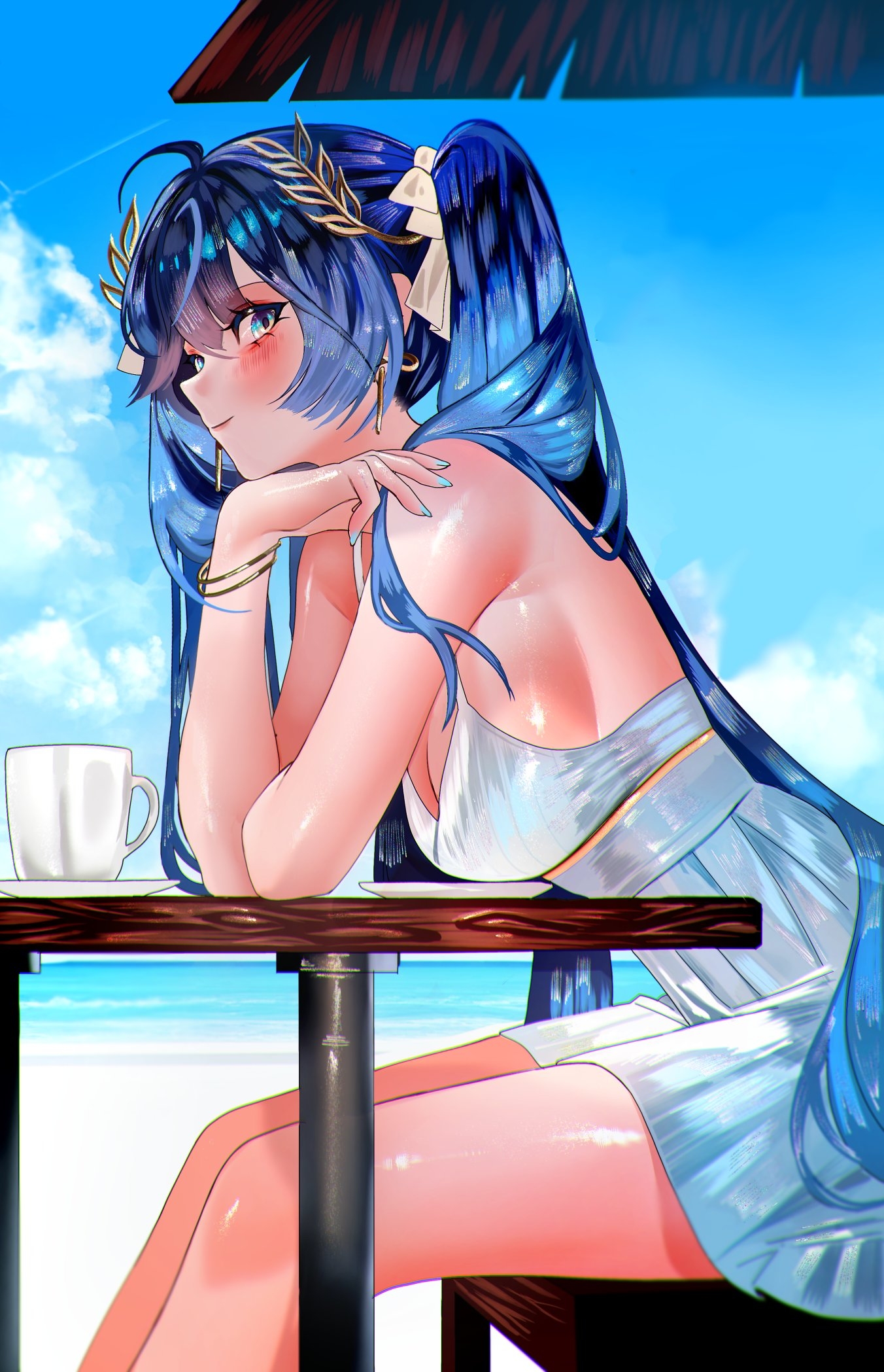 sanya (sanya lox228), iuno (wuthering waves), wuthering waves, commentary, highres, 1girl, aqua nails, bare shoulders, blue eyes, blue hair, blue sky, blush, breasts, cleavage, closed mouth, cloud, cup, day, dress, fingernails, from side, large breasts, light smile, long hair, looking at viewer, looking to the side, nail polish, outdoors, saucer, sitting, sky, sleeveless, sleeveless dress, solo, teacup, thighs, very long hair, water, white dress