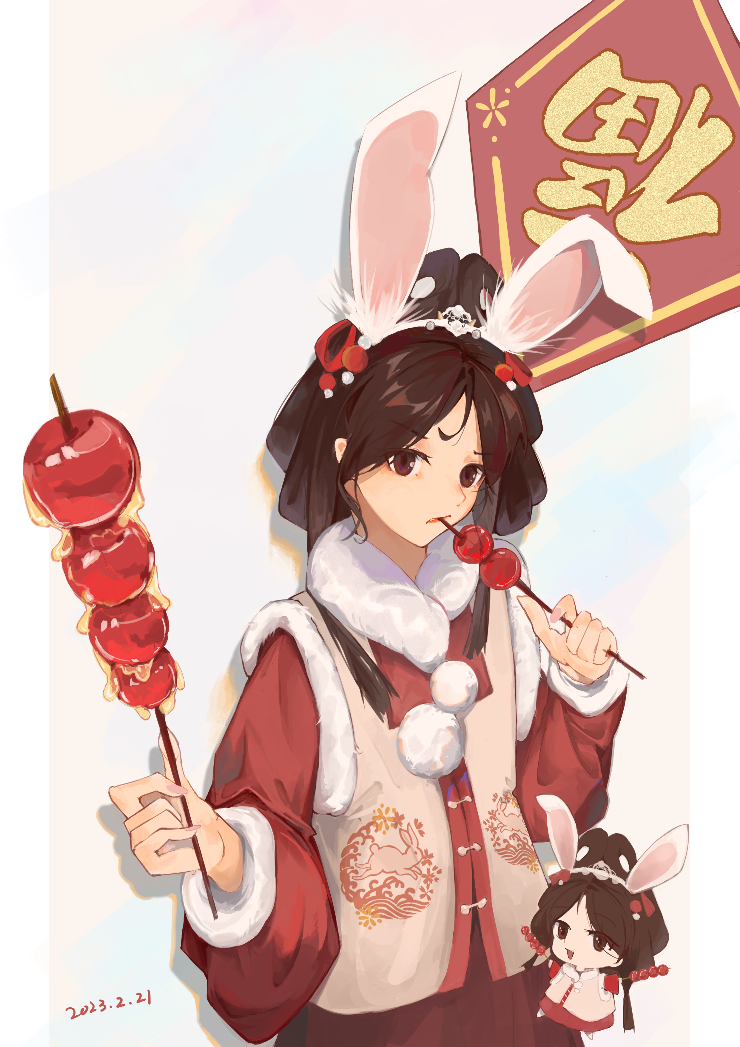 amin (hdwe2747), original, absurdres, chinese commentary, commentary request, highres, 1girl, animal ear hairband, animal ears, animal print, brown eyes, brown hair, chibi, chibi inset, chinese new year, cowboy shot, eating, fake animal ears, food, fur collar, good fortune symbol, hair ribbon, hair up, hairband, holding, holding food, lips, long hair, long sleeves, pillarboxed, pom pom (clothes), rabbit ear hairband, rabbit ears, rabbit print, red ribbon, red shirt, red skirt, ribbon, shirt, skirt, solo, tanghulu, vest, yellow background, yellow vest