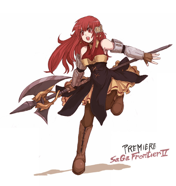 kara (color), primiera, primiera (saga), saga, saga frontier 2, 1girl, armor, armored dress, axe, character name, copyright name, dress, female focus, gloves, halberd, long hair, pantyhose, polearm, red eyes, red hair, solo, warrior, weapon, white background