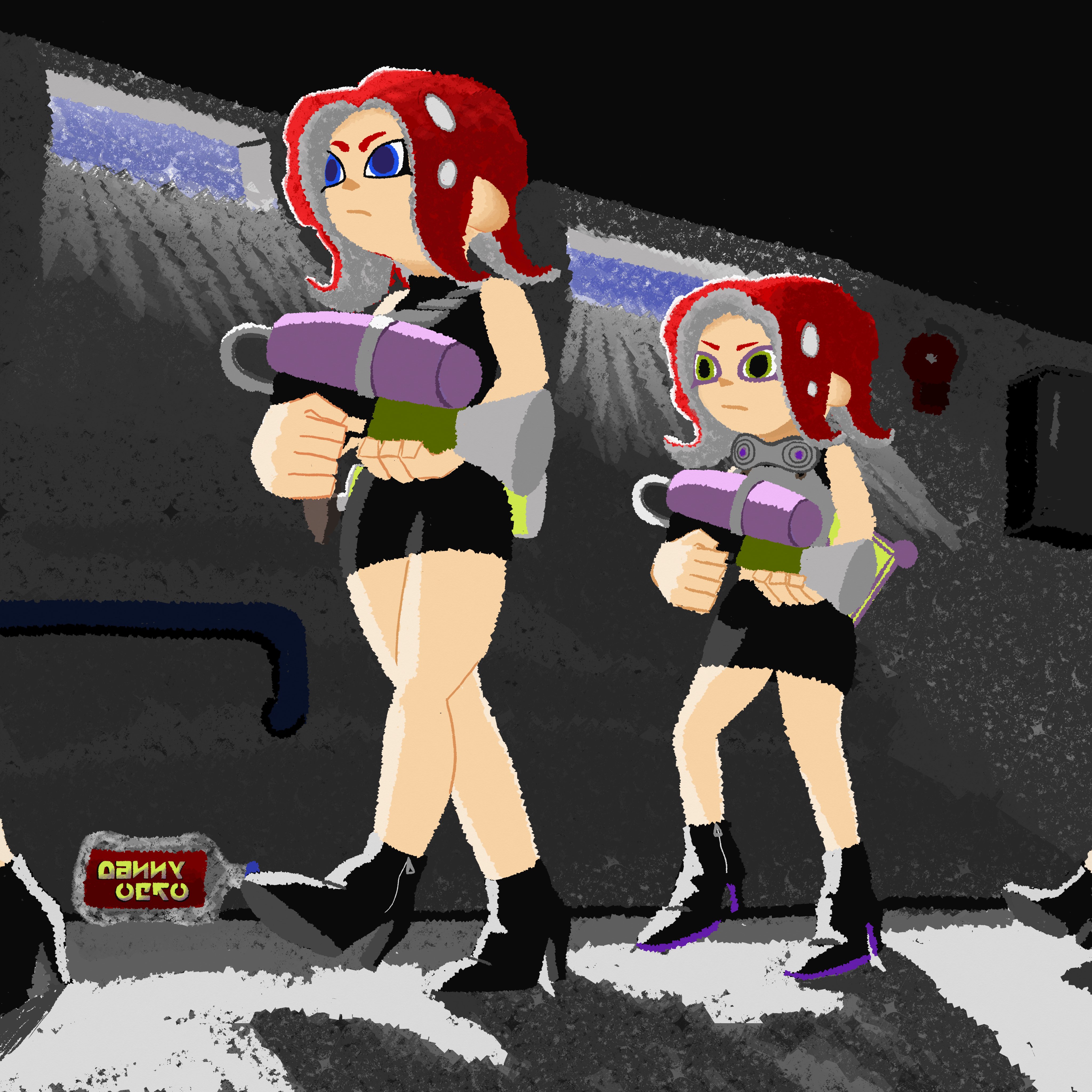 octoling girl, octoling player character, nintendo, splatoon (series), absurdres, highres, 1girl, black shoes, boots, breasts, full body, high heel boots, high heels, pumps, shoes, skirt