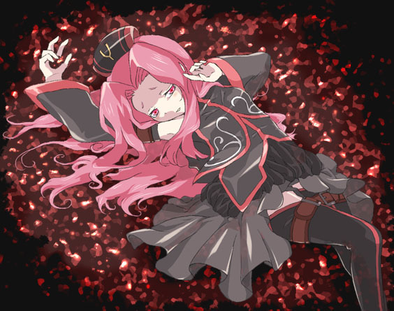 arietta (tales), tales of (series), tales of the abyss, 00s, 1girl, arms up, black dress, black thighhighs, dress, female focus, from above, loli, long sleeves, looking at viewer, lying, on back, pink eyes, pink hair, shaded face, solo, thighhighs, you gonna get raped