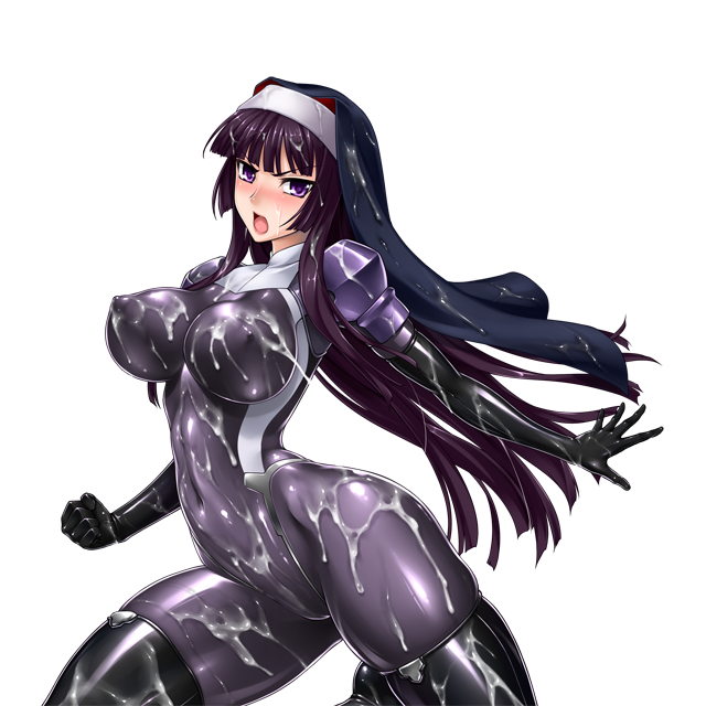 rindou (radical dream), kamori sayaka, original, game cg, non-web source, variant set, 1girl, black hair, black thighhighs, blush, bodysuit, boots, breasts, bukkake, clenched hand, covered erect nipples, covered navel, cum, cum on body, cum on breasts, cum on clothes, cum on hair, cum on upper body, elbow gloves, facial, gloves, impossible bodysuit, impossible clothes, large breasts, latex, long hair, looking at viewer, matai toshi, nun, open mouth, purple bodysuit, purple eyes, purple hair, shiny clothes, skin tight, solo, thigh boots, thighhighs, transparent background
