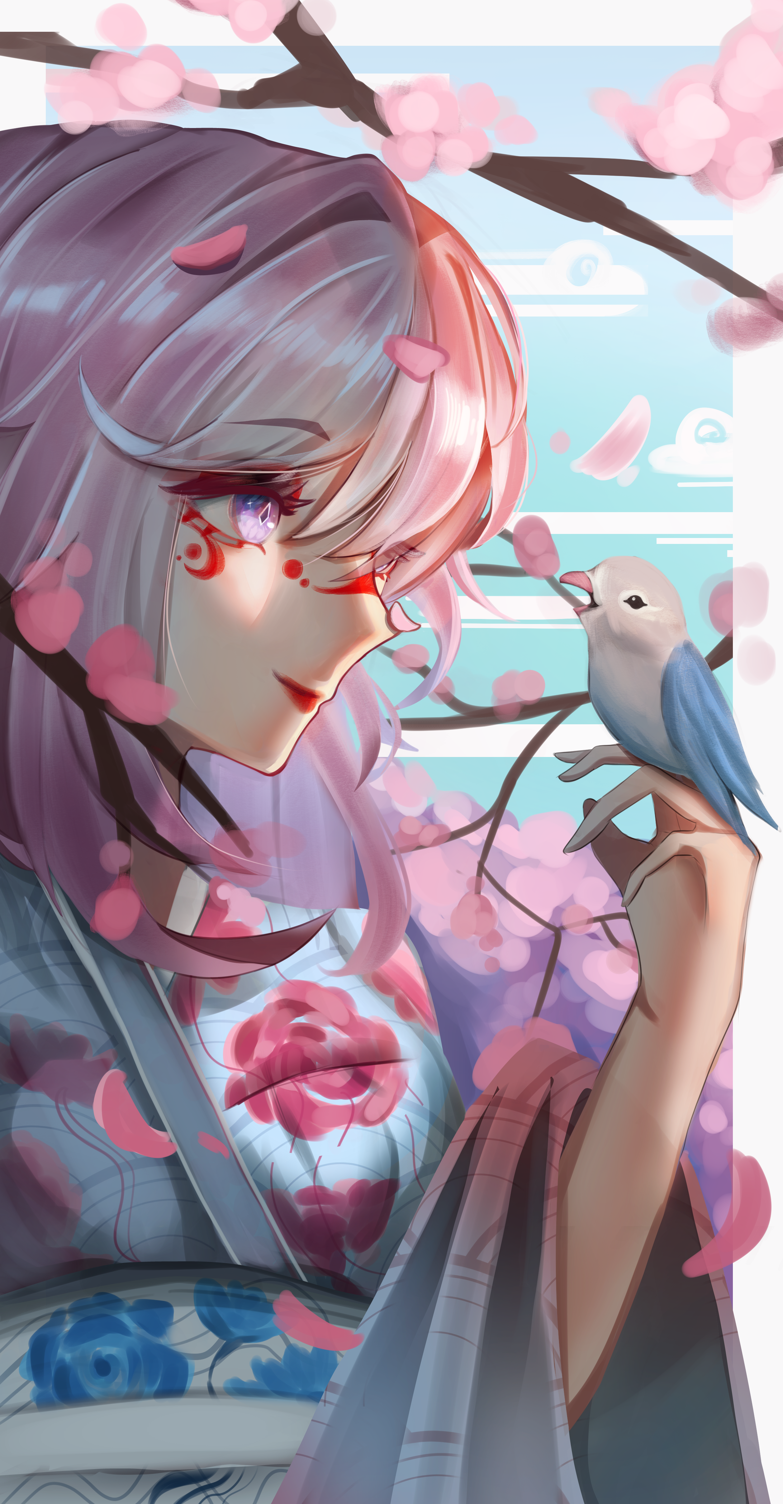 jensen, elysia (honkai impact), honkai (series), honkai impact 3rd, absurdres, clip studio paint (medium), commentary, highres, 1girl, alternate costume, bird, bird on hand, blue sky, border, cherry blossoms, falling petals, floral print, floral print kimono, japanese clothes, kimono, long hair, petals, pink hair, print kimono, purple eyes, sky, solo, upper body, white border