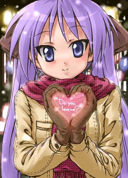 hiiragi kagami, lucky star, 00s, buttoned cuffs, buttons, coat, english text, gloves, heart, heart hands, heart in heart hands, plaid clothes, plaid scarf, scarf, solo