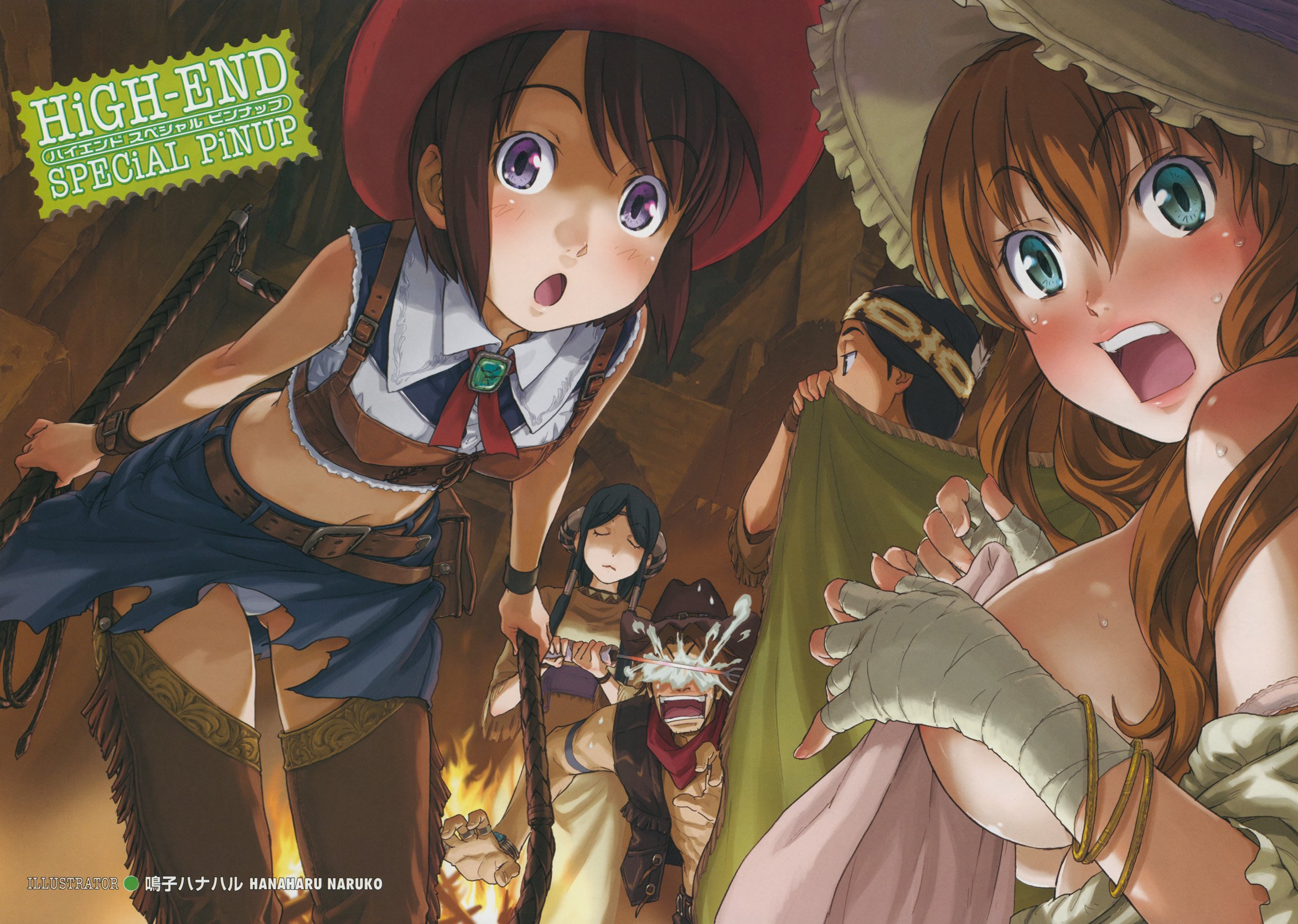 naruko hanaharu, highres, scan, 1boy, 4girls, aqua eyes, bandages, belt, blue eyes, breasts, brown hair, covering breasts, covering privates, cowboy, cowboy hat, cowboy western, fire, hat, leaning forward, long hair, looking at viewer, looking back, midriff, multiple girls, open mouth, panties, pantyshot, purple eyes, short hair, skirt, surprised, topless female, torn clothes, underwear, upper body, western